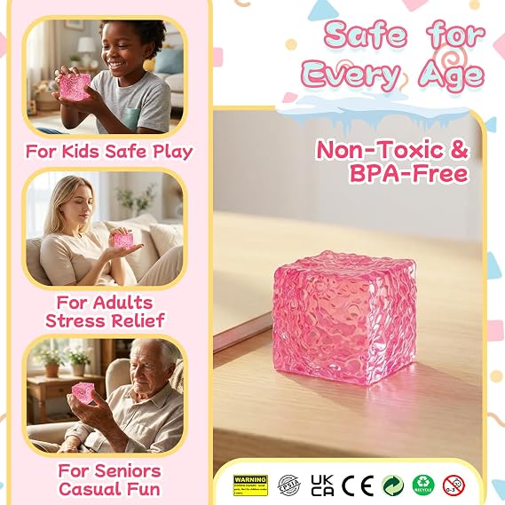 Big Sensory Fidget Toys Textured Stress Cube for Kids Adults, Maltose Filled Squishy Stretchy Balls for Boys Girls, Anxiety Relief Squeeze Toys for ADHD Autism, Home Office Classroom Gifts (Pink)