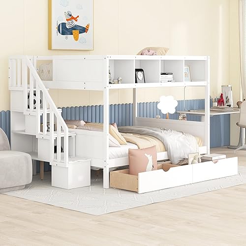 Miniatura 125 de Litera individual sobre matrimonial con cajones, escalera deslizante y almacenamiento, litera de madera con barandilla alta y escalera para niños,