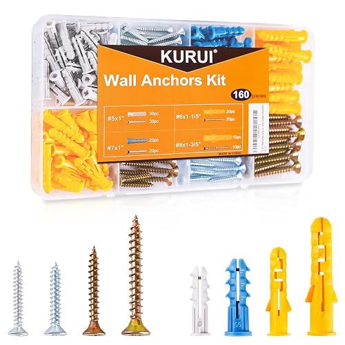 KURUI Drywall Anchors and Screws Assortment Kit, 160Pcs Dry Wall Anchors | 80 Plastic Wall Expansion Anchors and 80 Phillips Flat Head Wood Screws, Wall Hanging Kit for Picture/Art Decor