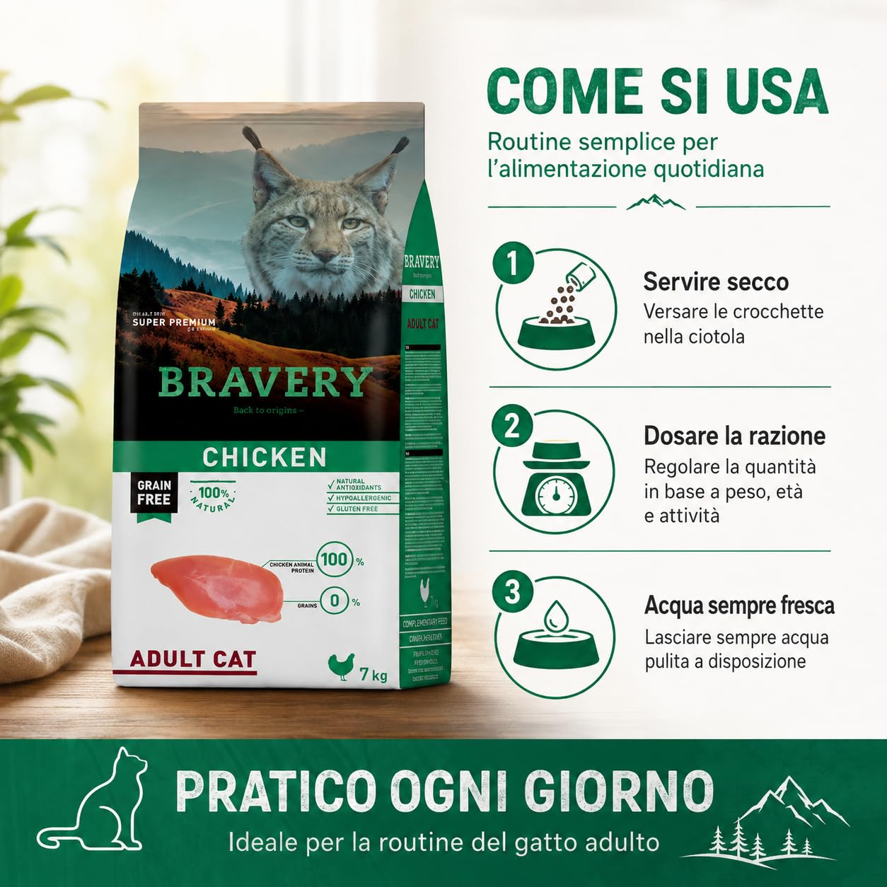 Bravery Adult Crocchette Gatto Adulto con Pollo, Mangime Secco Grain Free per Gatti Adulti, Alimento Completo Premium con Proteine Animali e Ingredienti Digeribili, 7 kg