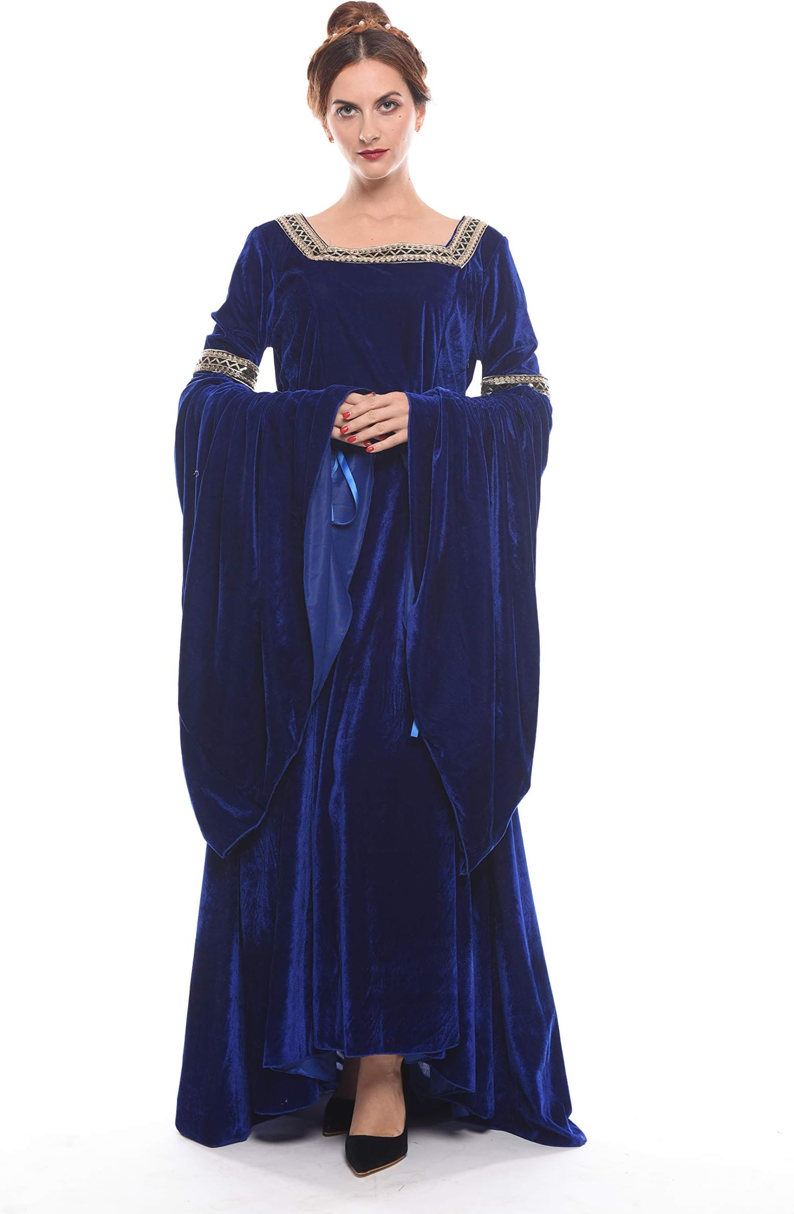 NSPSTT Medieval Dress Women Queen Costume Renaissance Irish Over Dress Halloween Costume Velvet Navy blue Large