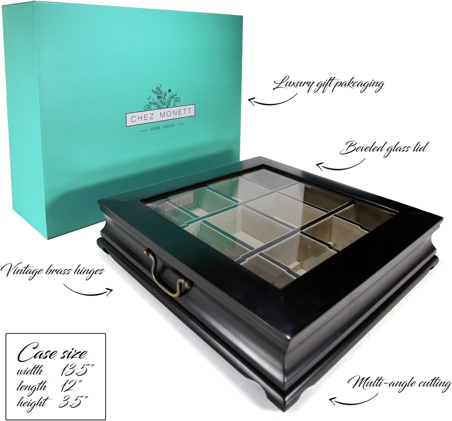 Top Brands Tea Chest Large Storage Tea Bag Box Wooden with Beveled Glass Window 12 Compartments by ChezMonett