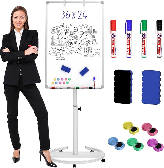 Nicpro Tableau blanc mobile, 36"x 24" Support de tableau magnétique à sec, plateau en blanc Easel debout réglable en hauteur avec stylos, effacement, aimant, crochet de diagramme, tableau blanc roulant pour la salle de classe du bureau