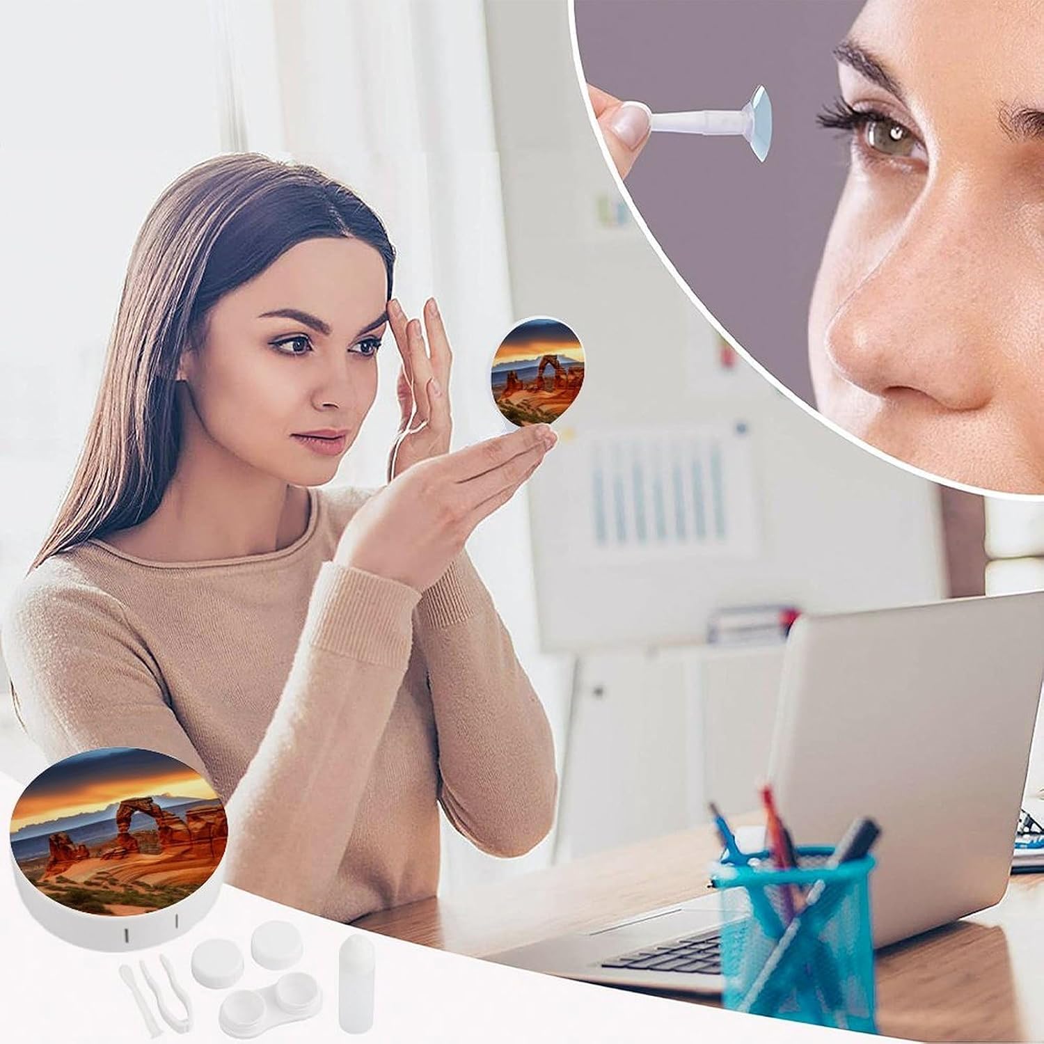 Arches National Park Contact Lens Case Kit with Mirror,Tweezer And Contact Lenses Solution Bottle,Portable Soak Storage Kit Leak Proof Contact Lens Box Holder Container for Travel image 4