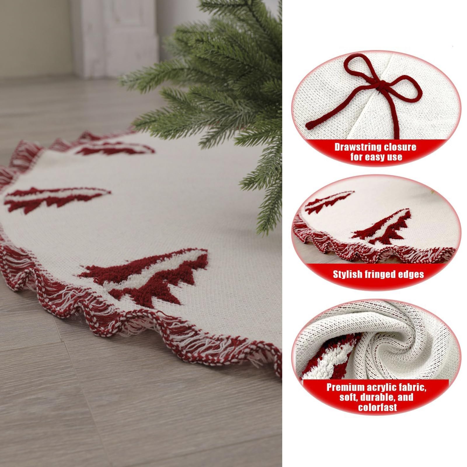Gonna per Albero di Natale Maglia Bianca 122 cm, Tappeto per Albero Rotonda con Nappa,Motivi 3D per Alberi di Natale, Grande Copri Piedi Albero Natale per Natale Capodanno Festa in Casa