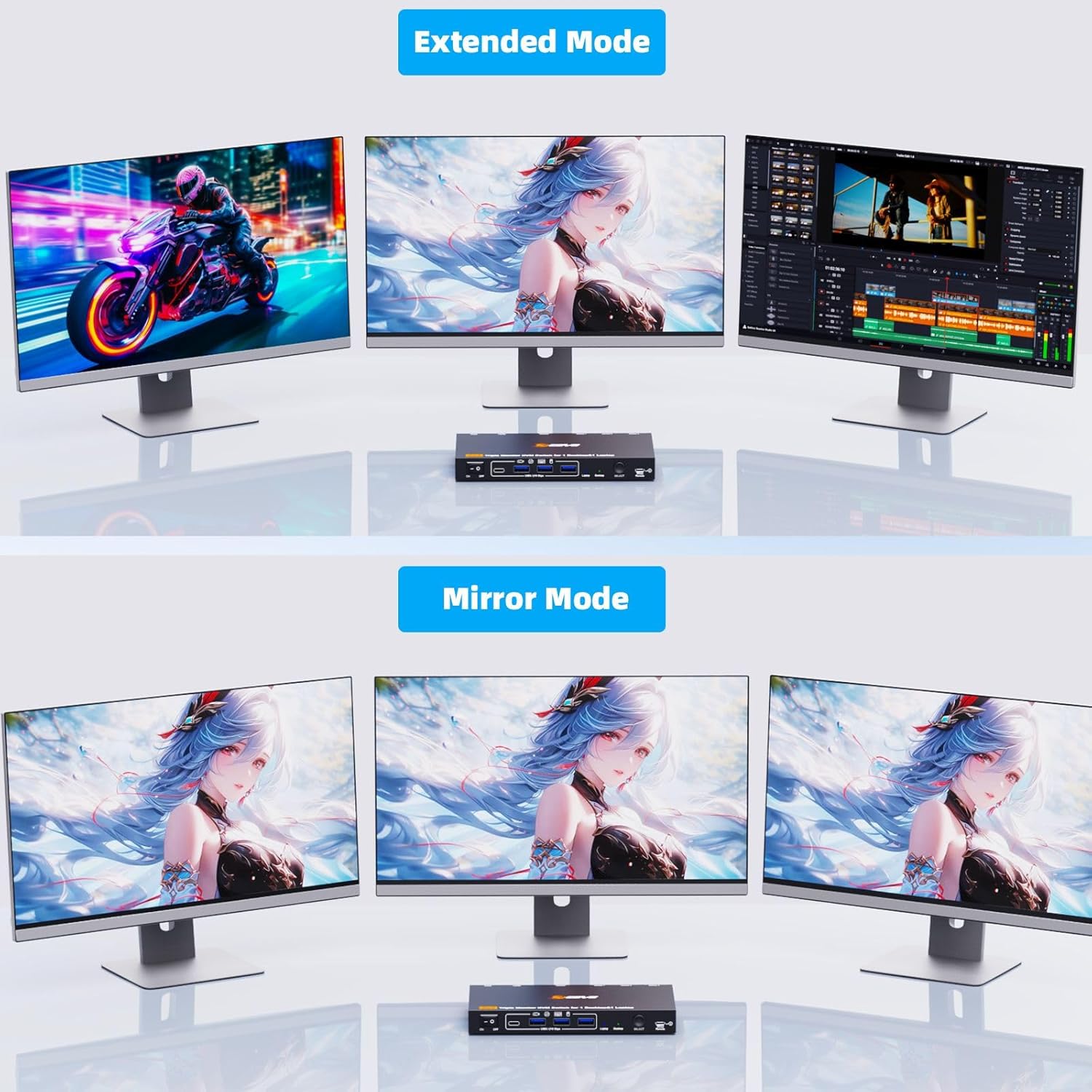 KCEVE Triple Monitor KVM Switch for 1 Laptop 1 Desktop, USB 3.1 KVM Switch 3 Monitors 2 Computer USB C HDMI DP Share 4 USB Device Mouse Keyboard, 100W PD, 4K@60Hz, MST, Power, Wired Remote