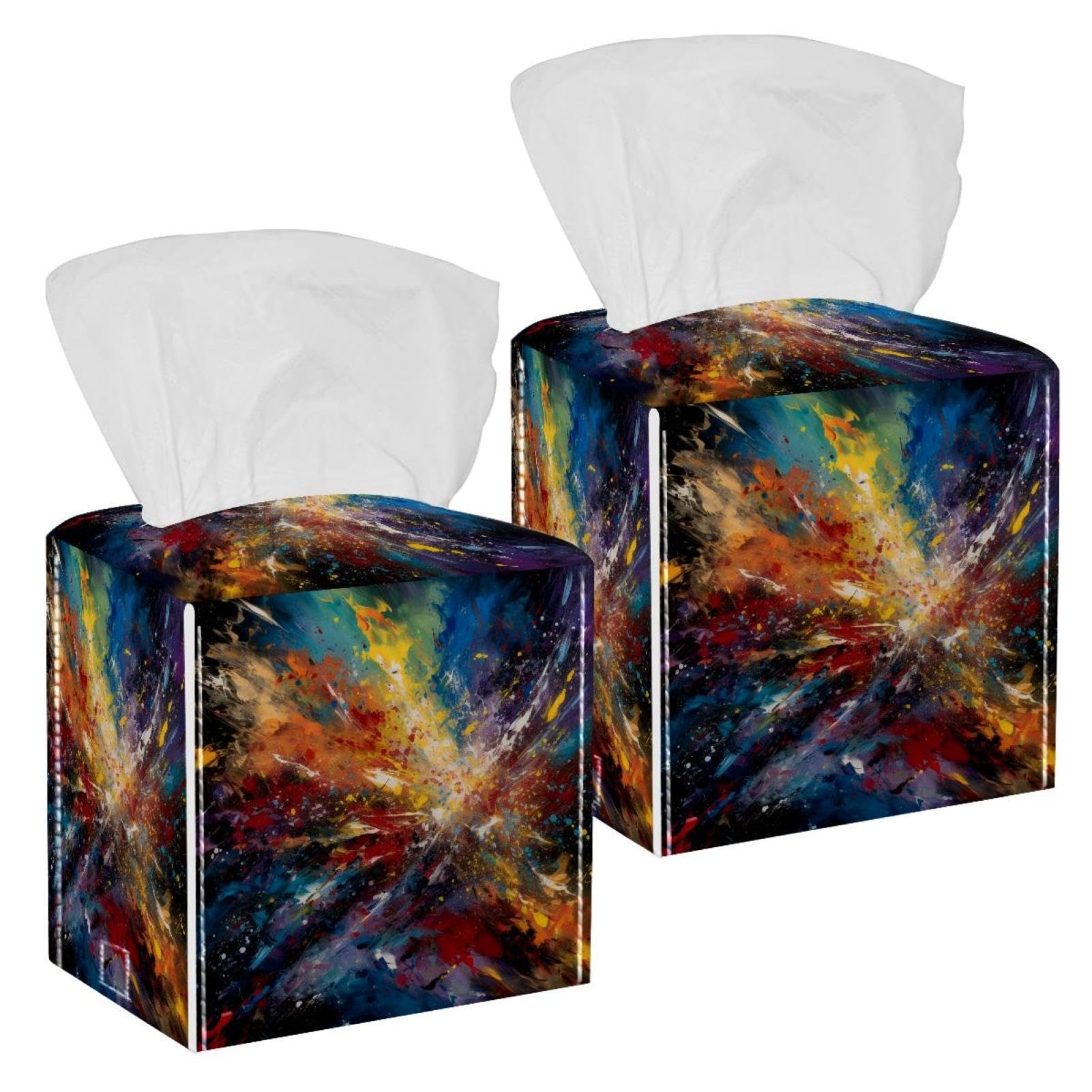 Dreamy Starry Sky Tissue Box Cover, 2 Pack PU Leather Square Facial Tissue Dispenser Box holder for Home Office Car