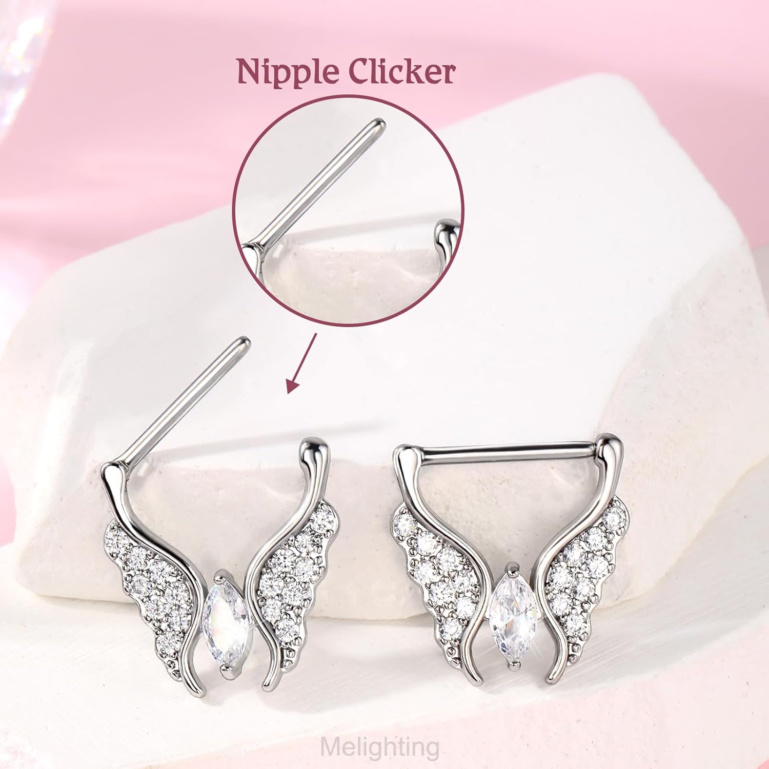 Melighting Butterfly Nipple Rings 14G Nipple Piercing 316L Stainless Steel Nipple Clicker Nipple Jewelry Clear CZ Nipple Piercing Jewelry For Women 14 mm - Image 4