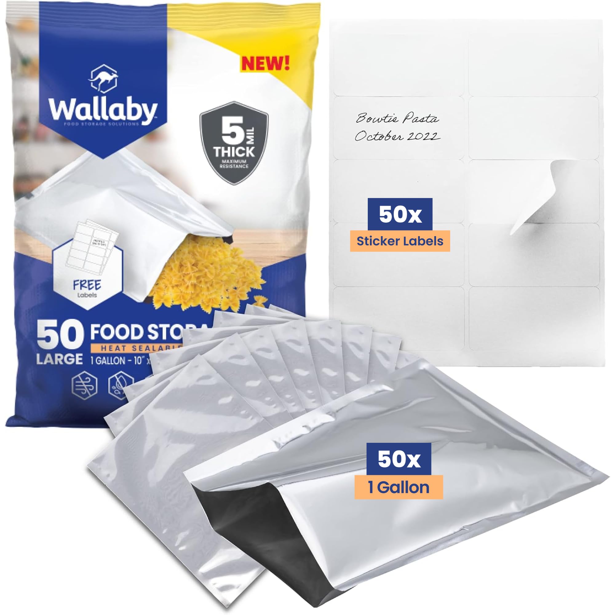 Wallaby 50 Count 1-Gallon Mylar Bags with Labels, 10 Mil Total Thickness Long-Term Food Storage Pouches, 10x14 Heat-Sealable Airtight Packaging - Silver