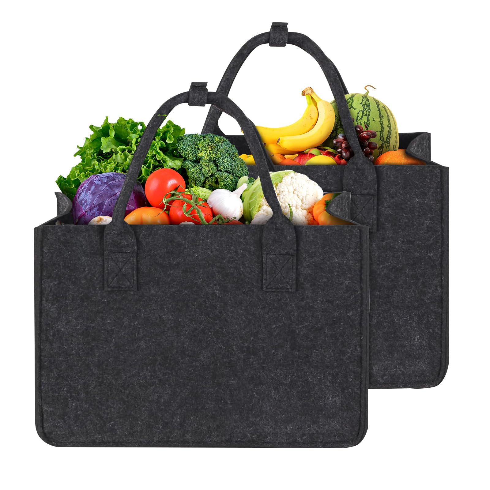 2 Stück 30L Filztasche Einkaufstasche, 40x27x27 cm Filztaschen Shopper mit Innentasche Einkaufskorb Faltbar Groß Tragetasche Filz Einkaufskörbe Stabile Henkel mit Verschluss, Dunkelgrau