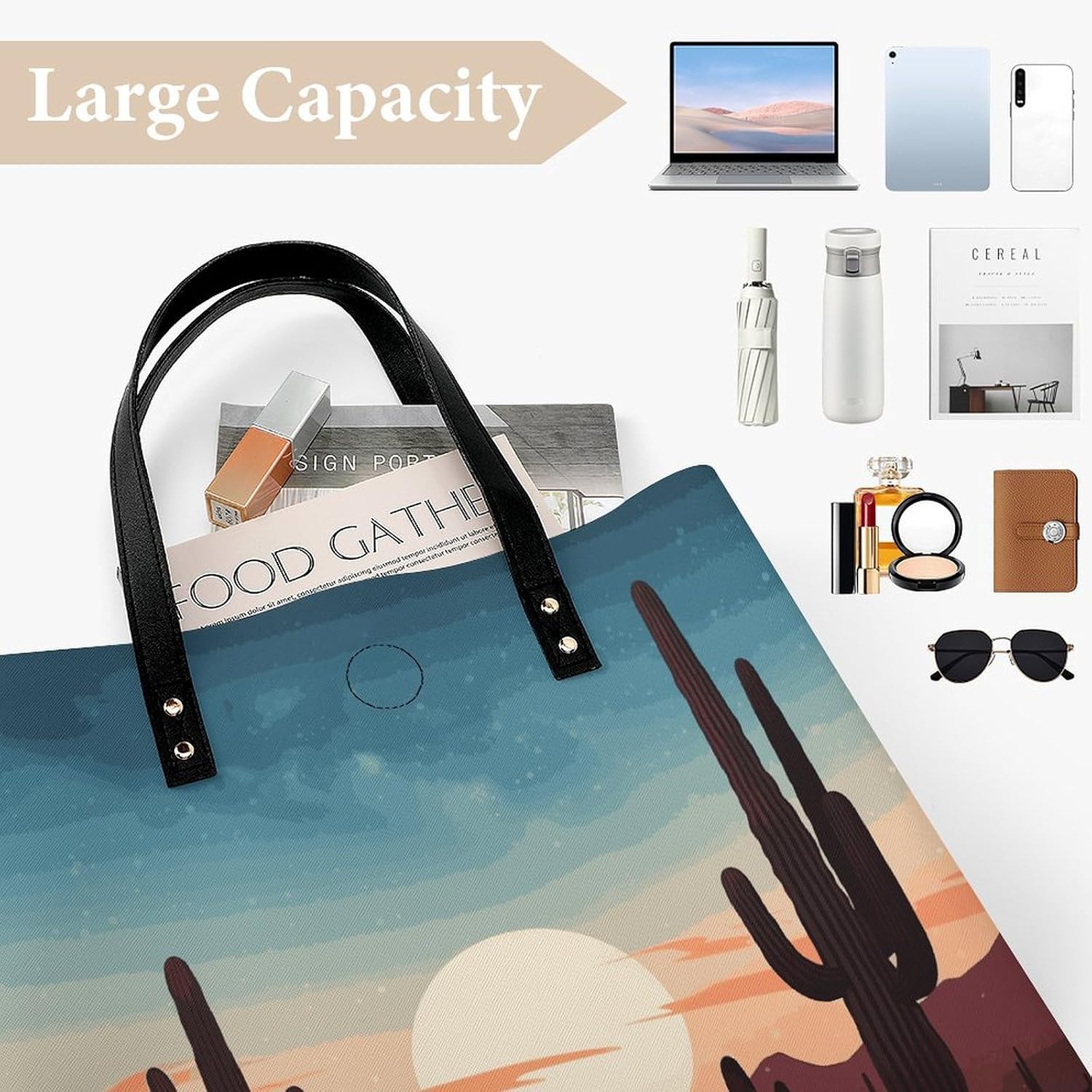 Desert With Cactus Tote Bag with Magnetic Buckle Reusable Grocery Bags Lightweight Cross Body Handbag for Daily Essentials