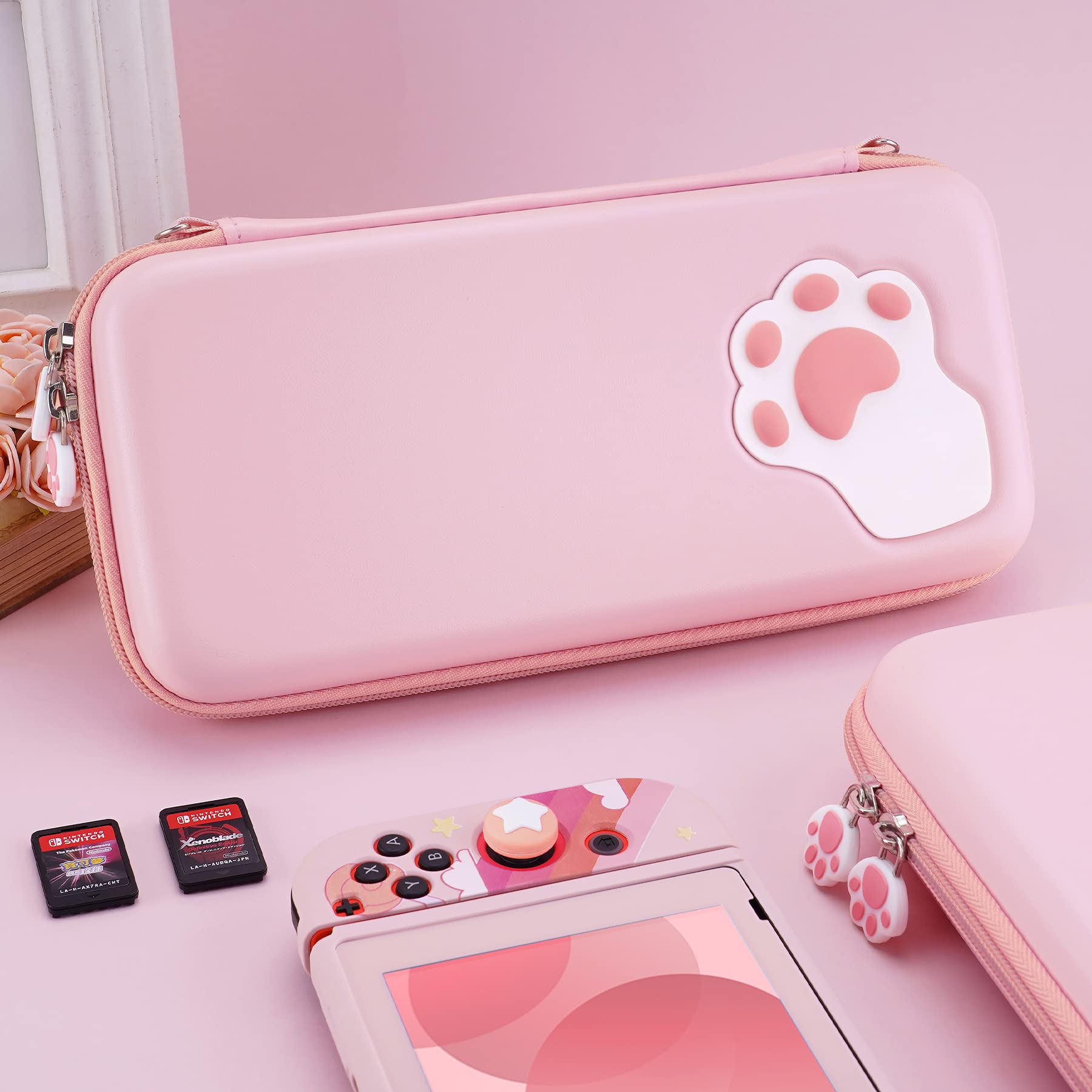 PlayVital Funda de Transporte para Nintendo Switch & OLED - Estuche Portátil con Tapas de Joystick, 10 Ranuras para Juegos, Bolsillo Interior Suave y Forro Protector, Diseño Lindo (Garra de Gato)