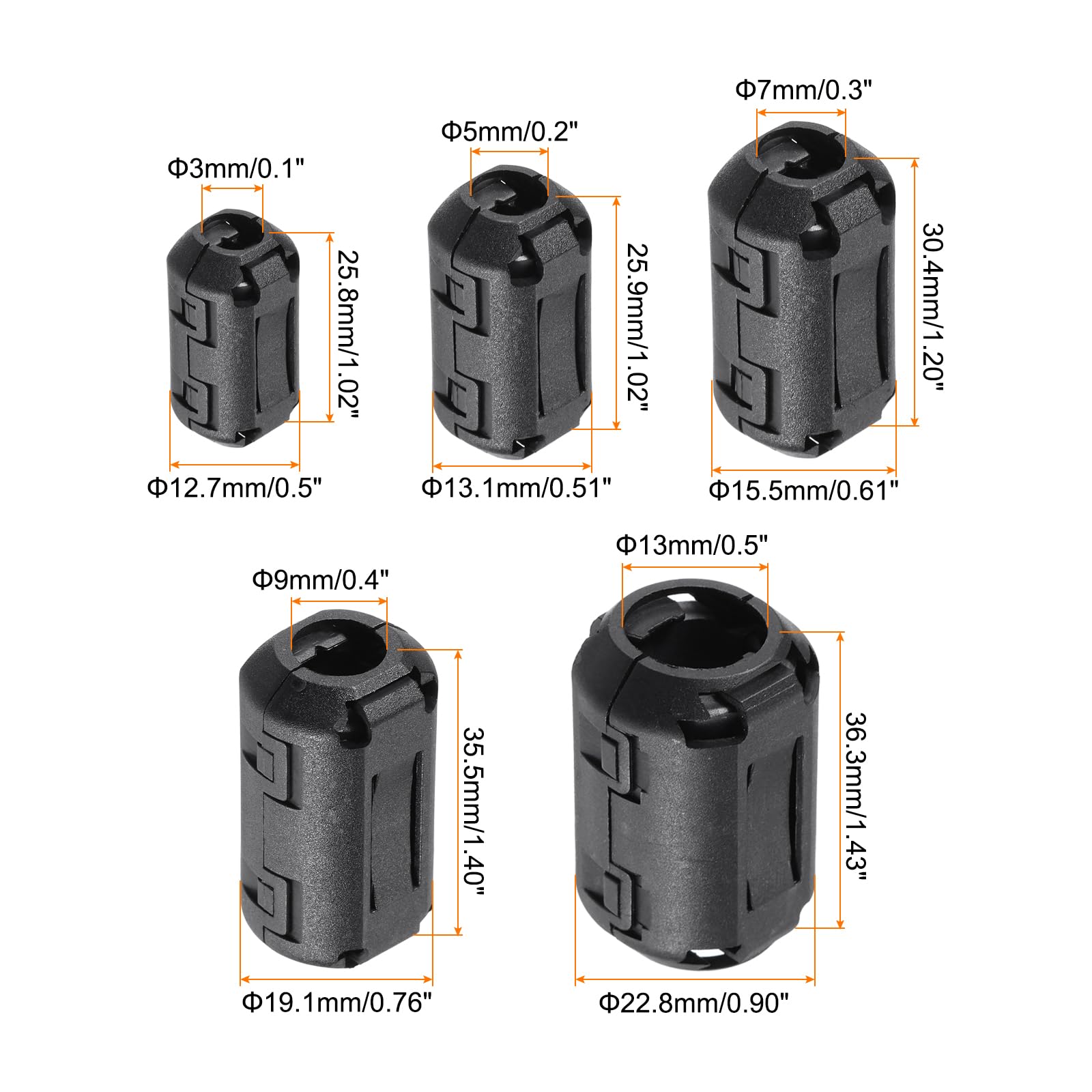 QUARKZMAN Fermo Ferrite Anello Nucleo Anti-interferenza Rumore per 3mm/ 5mm/ 7mm/ 9mm/ 13mm Diametro Cavo TV Altoparlanti Radio Audio Equipaggiamento 60pz