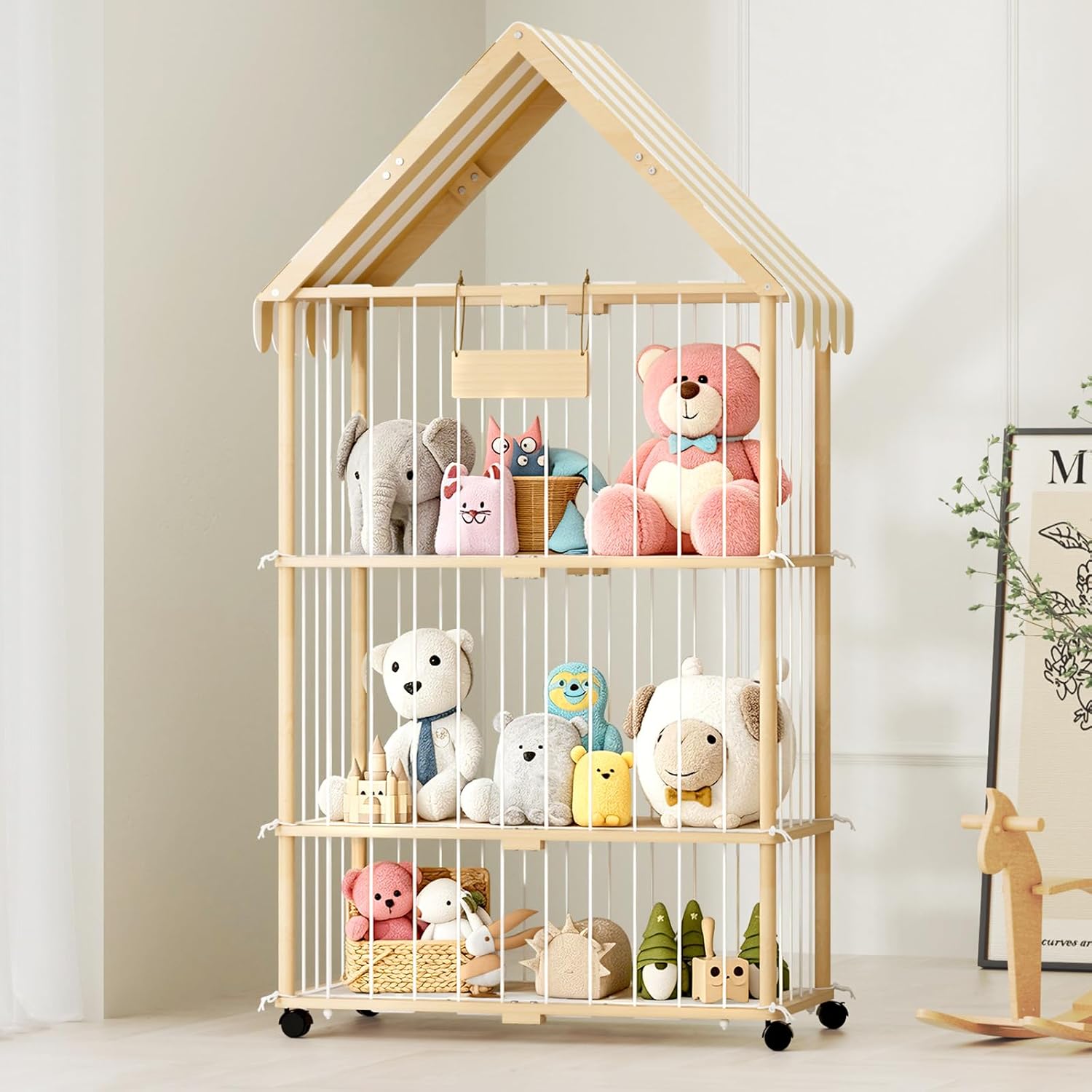 YUFU 61" Wooden Stuffed Animal Storage with Lockable Casters & Elastic Rope