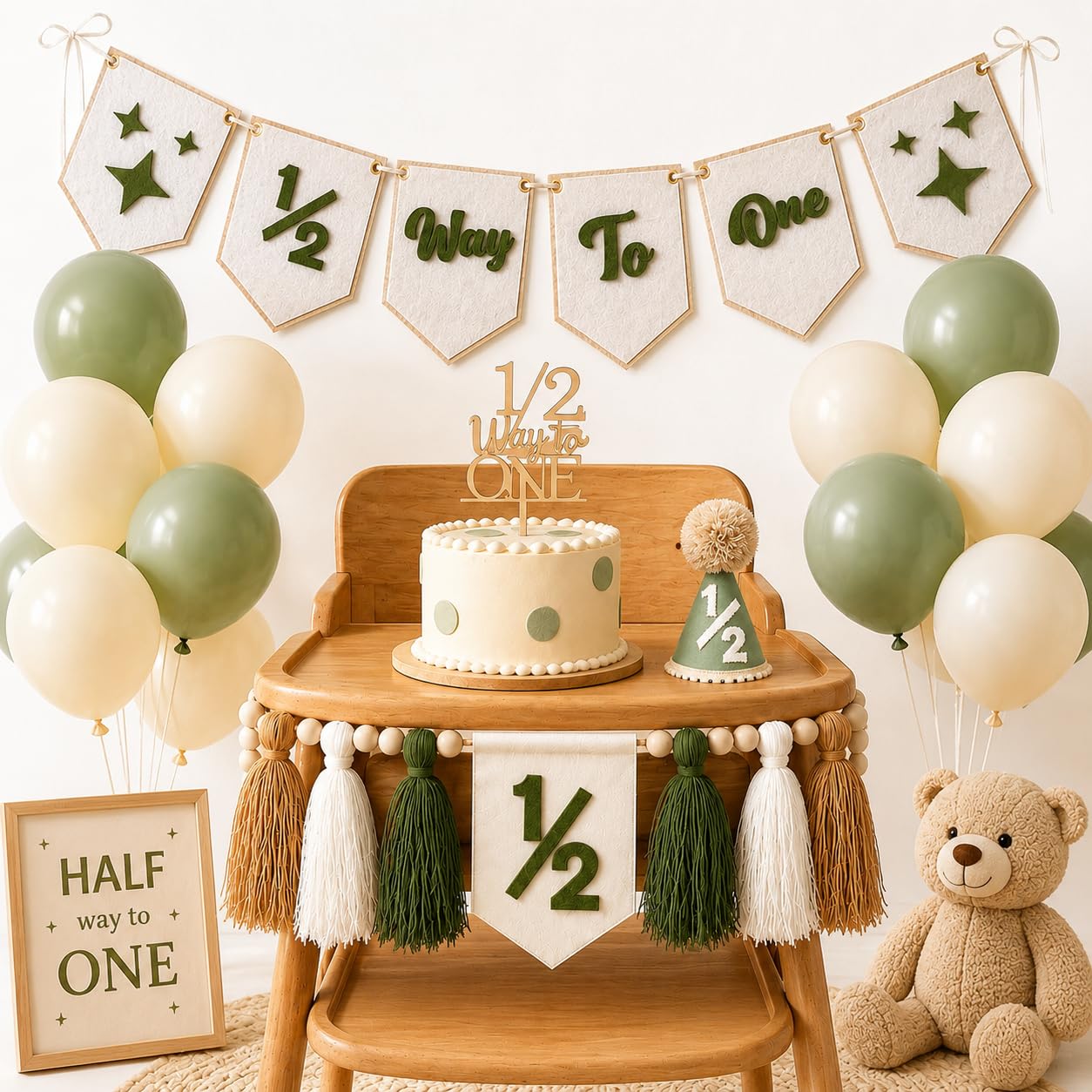 Photo 1 of 1/2 Birthday Boy Sage Green Half Birthday Decorations-1/2 Way To One Felt Banner Cake Topper High Chair Banner Half Birthday Hat and Latex Balloons For 6 Months Birthday Decorations Boy (Pre-Strung)