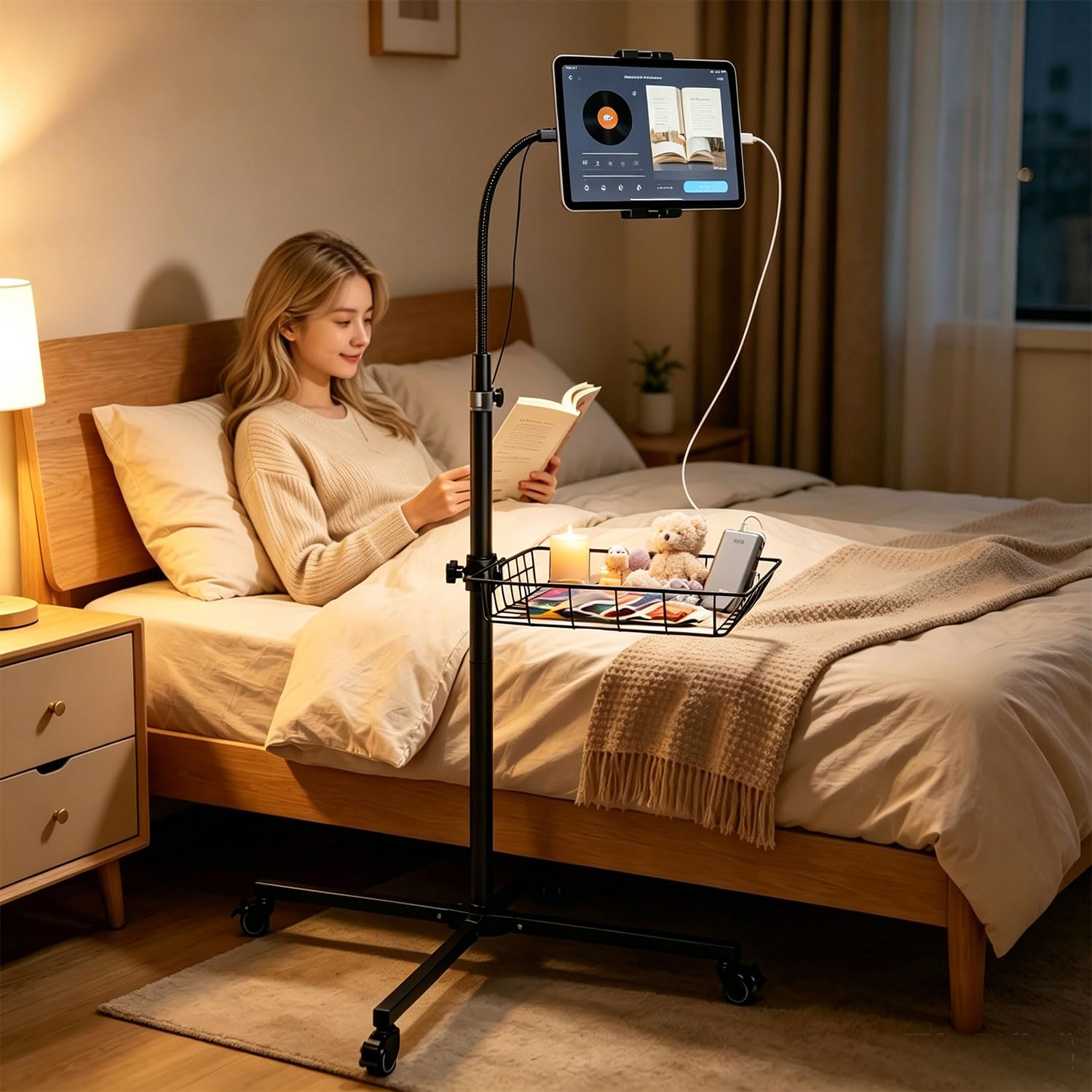 wishacc Tablet-Ständer, verstellbarer Bodenständer mit Schwanenhals, Rollfuß mit Rollen, höhenverstellbar (groß)