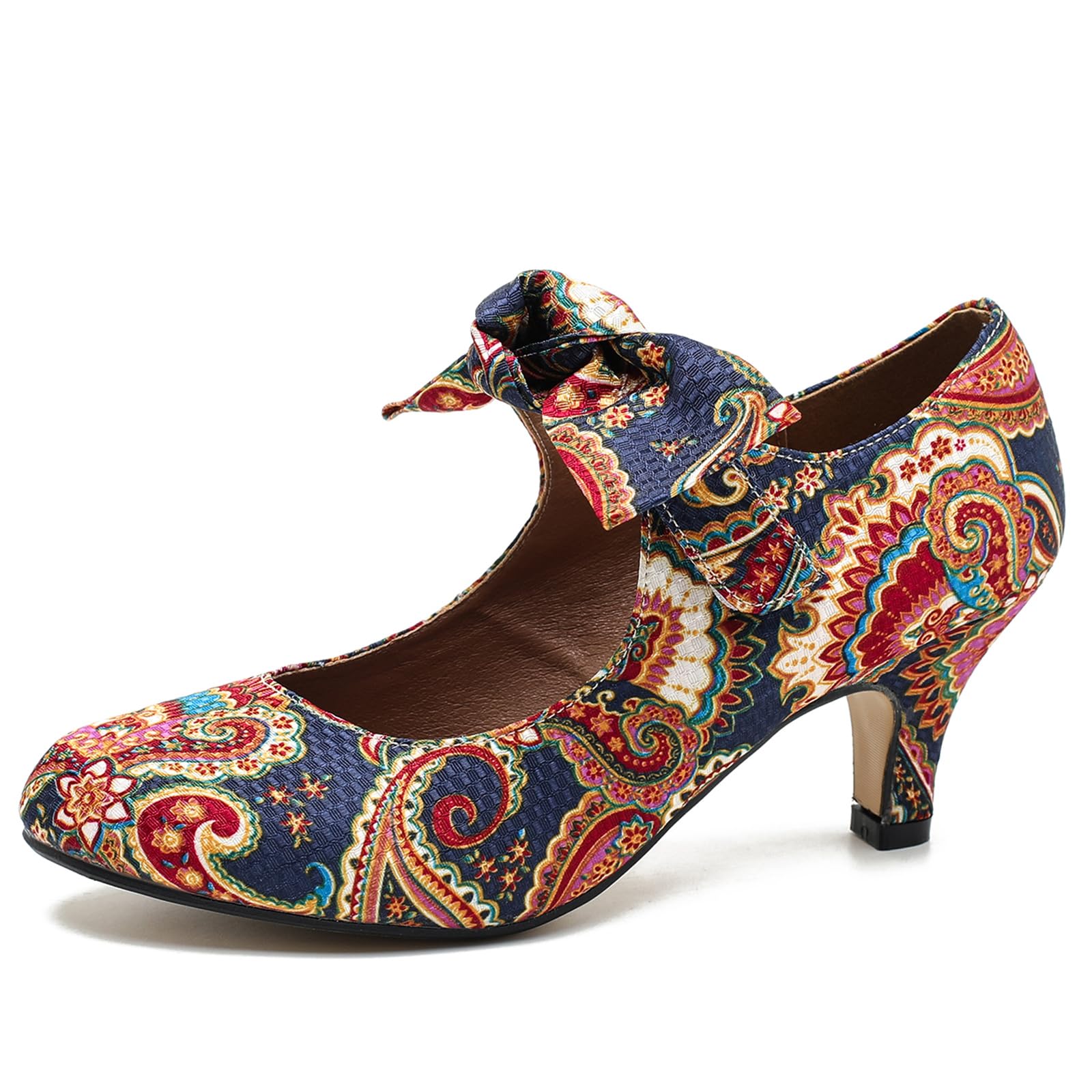 LIURUIJIA Women's Bow Heels Mary Jane Kitten Heel Pumps Round Toe Low Heels Ankle Strap Wedding Evening Party Dress Shoes