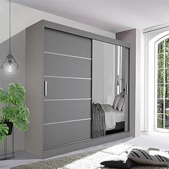 Spacious Bedroom Sliding Wardrobe - Sleek and Functional Design comes in White/Grey/Black/Oak and Width 120cm/150cm/180cm/203cm/250cm (Grey, 180cm)