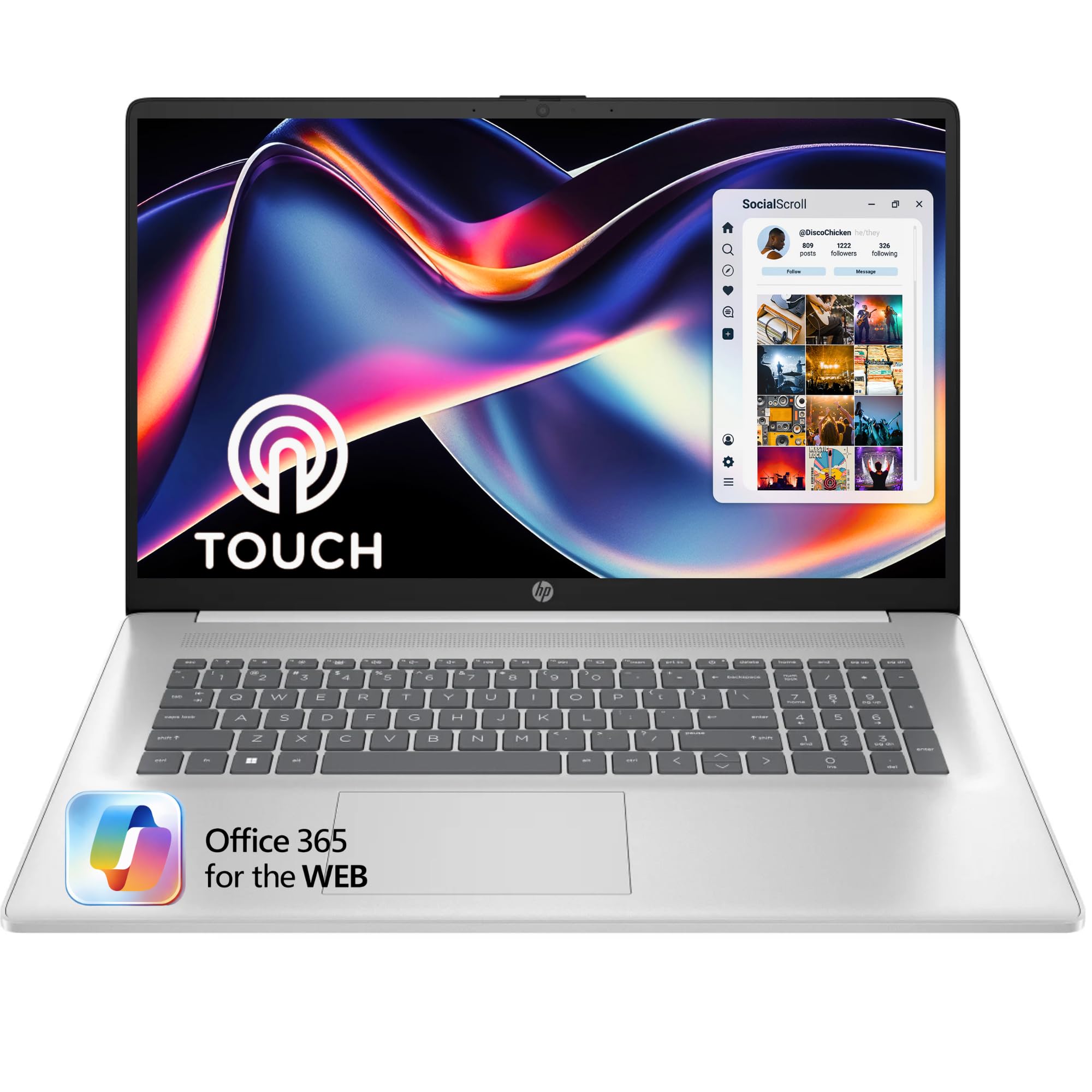 HP 17.3“ Touchscreen Laptop with Office 365 for The Web, AMD Ryzen 5 7430U (6 Cores, 12 Threads, Upto 4.3GHz, Beats Core i7-1355U), 8GB RAM, 256GB SSD Storage, 10 Key Number Pad, No Mouse