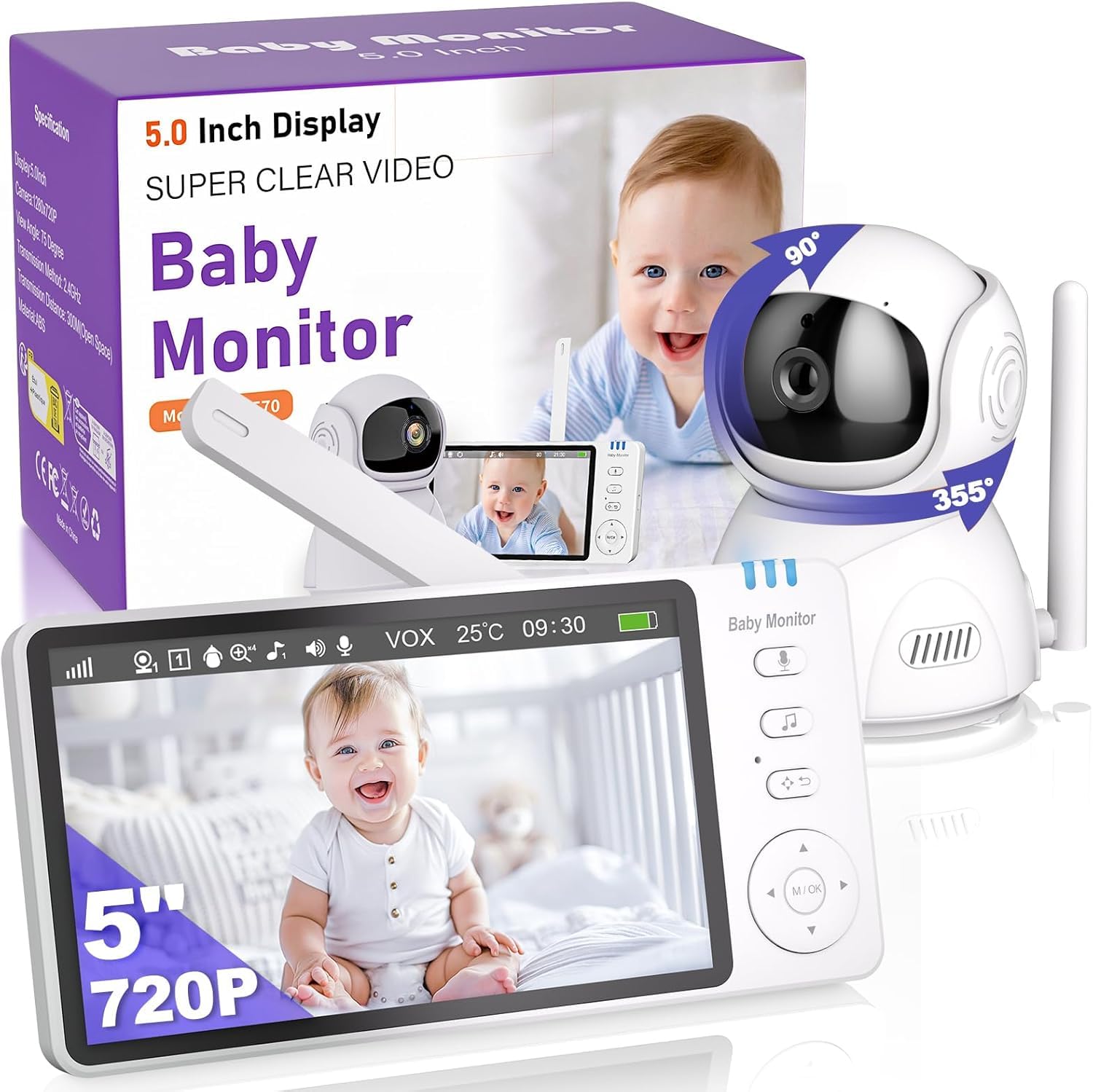 OBVHNUA Baby Monitor 5 '' Baby Monitor Video e Audio, Telecamera Bambini 720P HD 2 x 4 x Zoom Digitale, Due Vie, Audio VOX, Visione Notturna, Monitoraggio della Temperatura