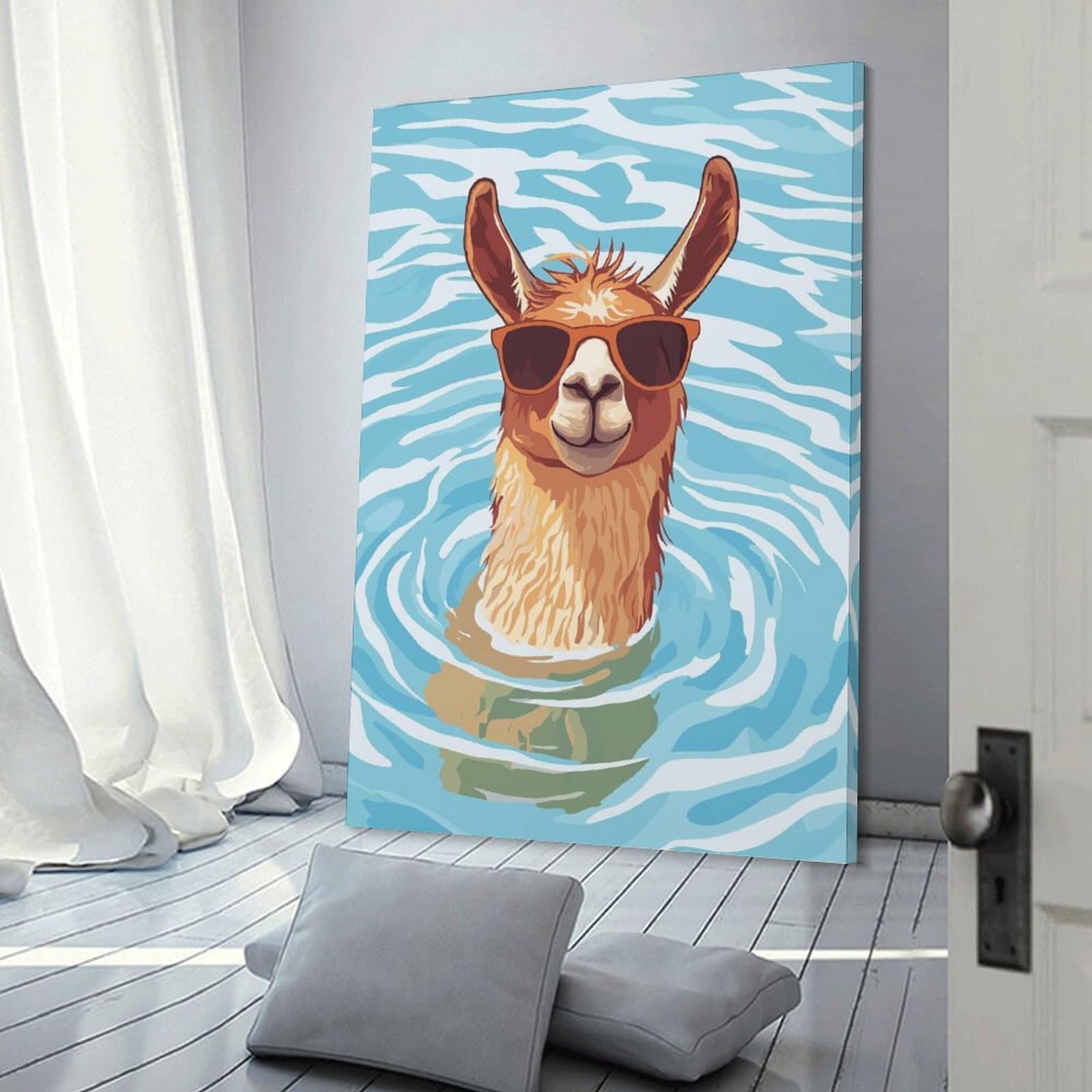 Junmoney Llama in Water with Sunglasses Room Decor Wall Art, 12x18inch(30x45cm), for Hallway, Lounge Or Guest Room, Gift Idea for Housewarming And Birthdays