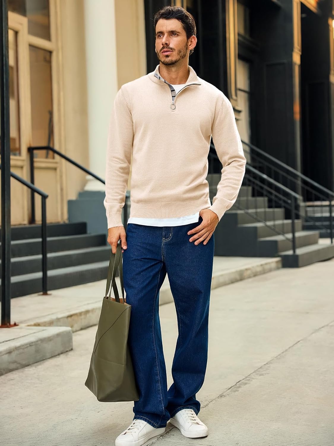 Runcati Mens Quarter Zip Pullover Sweater Lightweight Mock Neck Slim Fit Pullover Knit Casual Polo Sweaters - Image 4