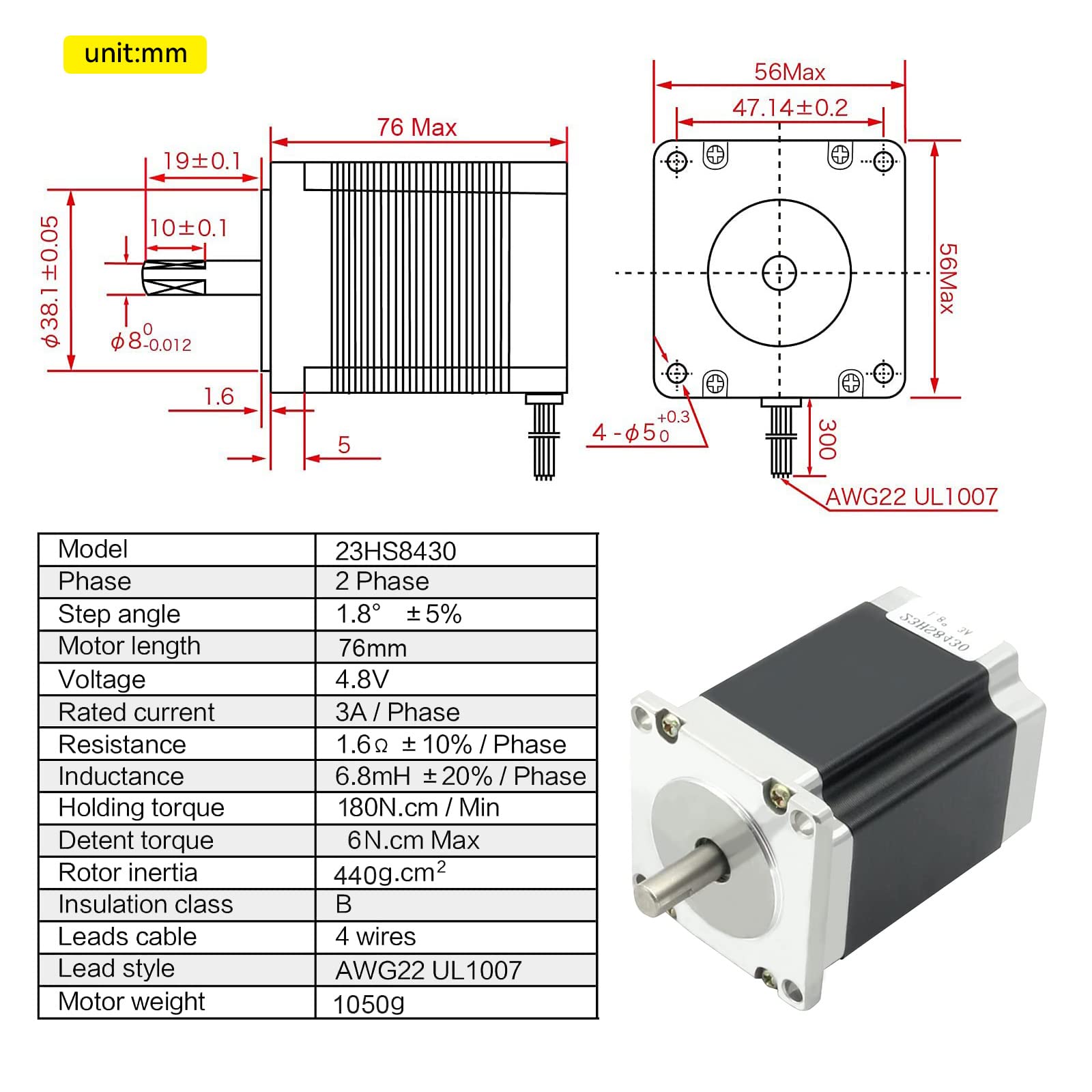 RATTMMOTOR - 3 motori passo-passo Nema 23, 1,8 Nm (270 oz.in) 3A, 1,8 gradi, 4 fili, 57x76 mm per stampante 3D/fresa CNC (23HS8430)