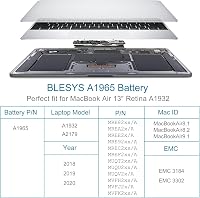 BLESYS A1965 Csereakkumulátor MacBook Air 13" Retina A1932 (2018-2019) és A2179 (2020) Modellekhez - 11,4V 49,9Wh Lítium-Polimer Laptop Akku 3