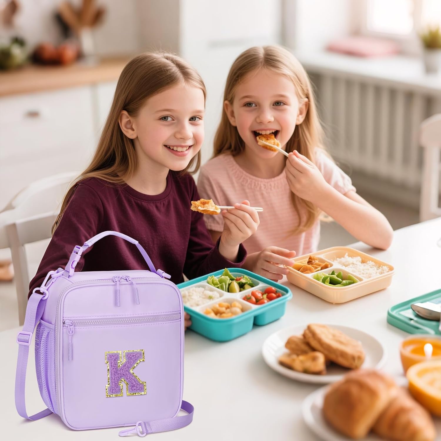 Initial Insulated Lunch Bag for Girls Kids, Back to School Gift, Reusable Leak-proof Lunch Box with Adjustable Strap for School Daycare Travel Picnic (Purple,K) - Image 2