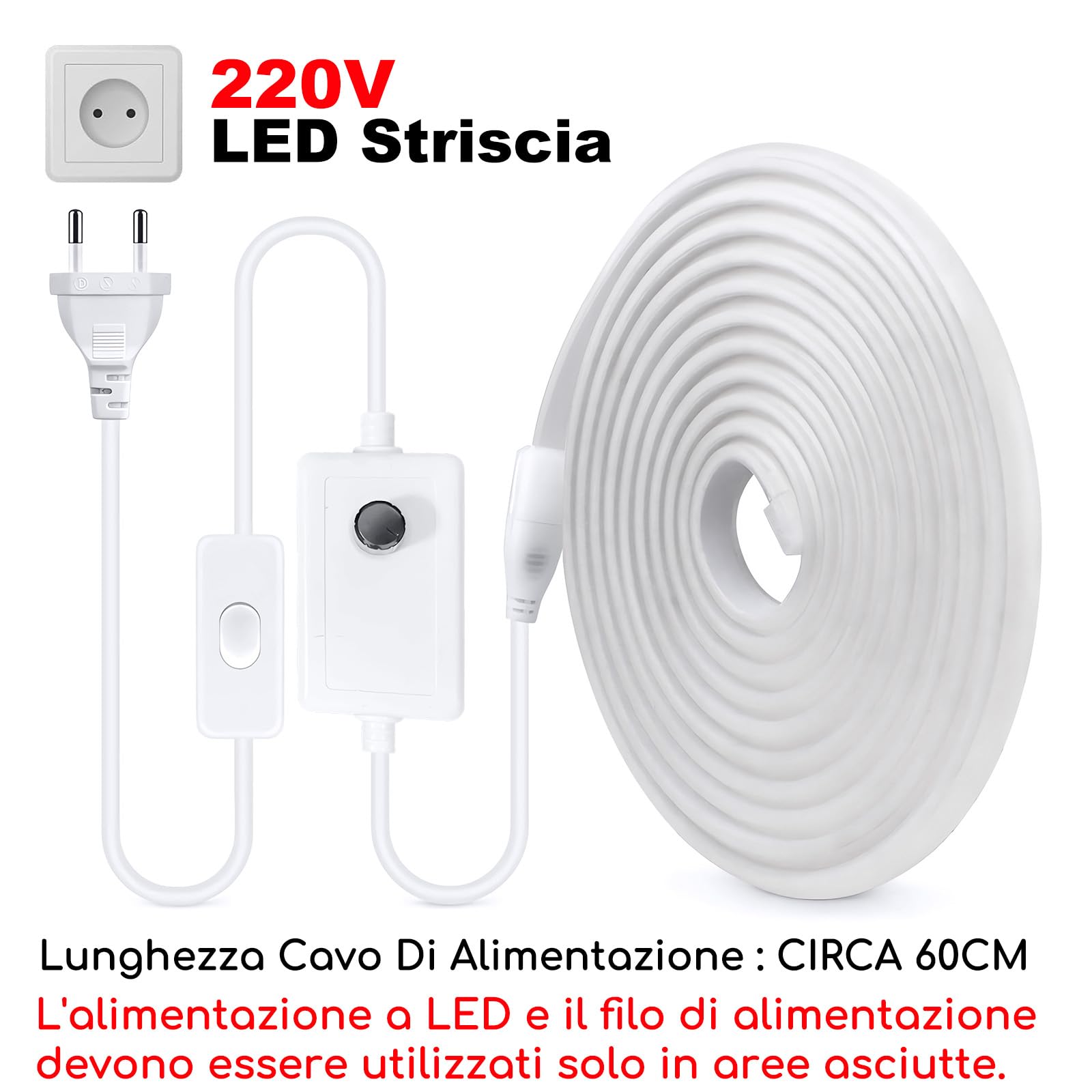 Striscia LED COB 220V - Impermeabile IP65, Dimmerabile con Interruttore, per Cucina e Esterno (4000K, 15m Dimmabile)