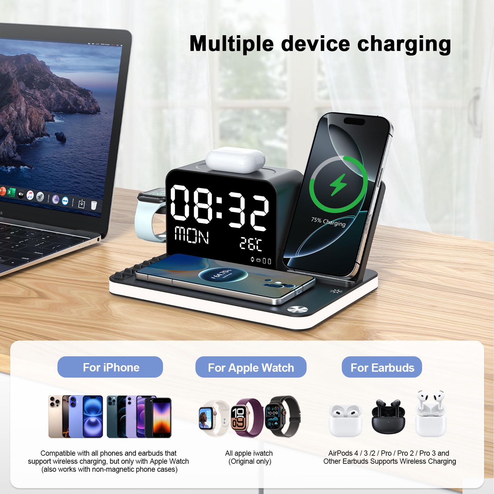 7-in-1 kabelloses Ladegerät mit Uhr, Temperatur & Datum, kompatibel mit iPhone 17/16/15/14/13 Pro Max, AirPods & Apple Watch, kompatibel mit Samsung S25/S24, einstellbares Nachtlicht, 33W-Adapter
