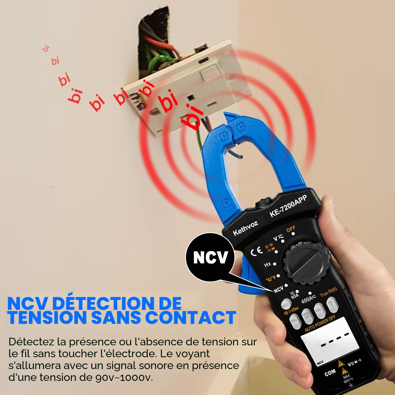 Kethvoz Multimètre Pince Ampèremétrique Bluetooth, 400A Testeur à Pince Mesurez AC/DC Courant Tension Ohm Hz Continuité, Voltmètre Ampèremètre 7200APP avec Enregistrement Données