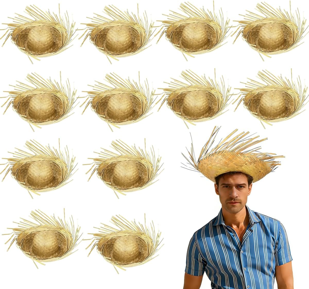 12 Pcs Pava Hat Puerto Rico,Handwoven Hawaiian Straw Hat,Beach Party Straw Hat Frayed Edge Design,Straw Hats Suitable for Vacations Parties Beach Gatherings