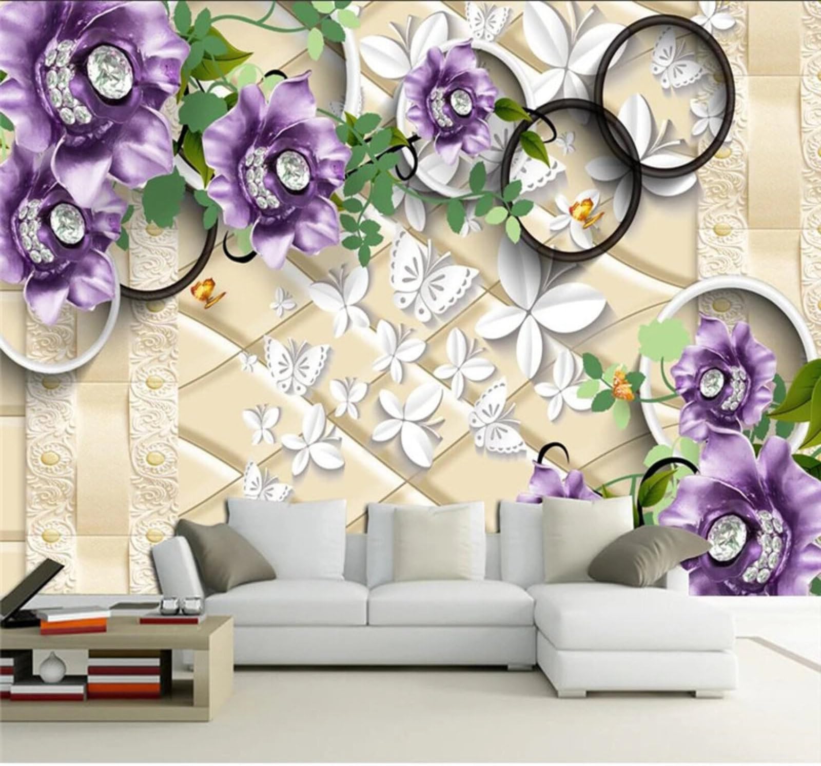 Wallpaper-3D-Xlm 300Cm×210Cm(B×H) Embossed Purple Flowers Butterflies Soft Upholstery 3D Wallpaper Easy Install Feature Office Living Room Sofa Bedroom Tv Background Wall Decoration-300Cm×210Cm