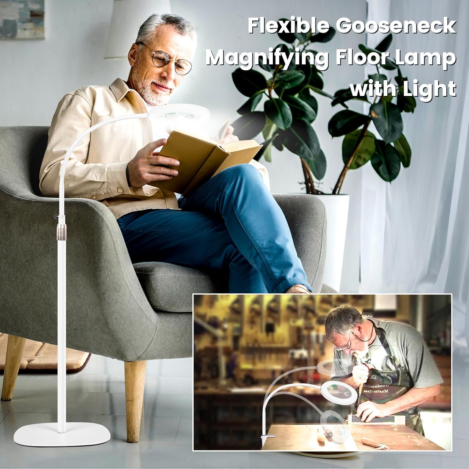 30X 12X Magnifying Glass with Light and Stand, 3-Color Stepless Dimmable LED Magnifying Floor Lamp, 24" Gooseneck Adjustable Swing Arm Lighted Magnifier Lamp with Clamp for Craft Esthetican