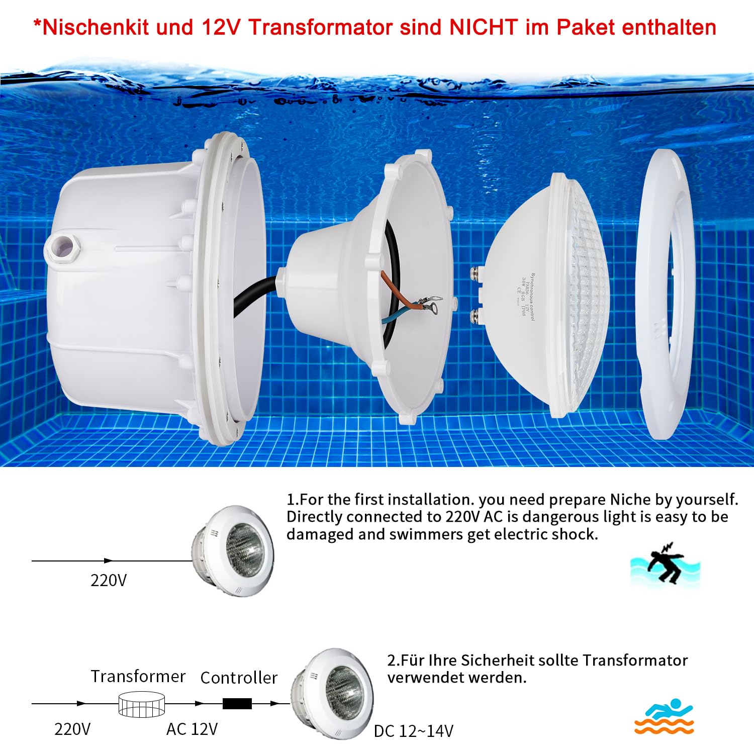 COOLWEST LED Poolbeleuchtung PAR56 RGBW 36W Unterwasser Licht Externe Synchronisation mit Fernbedienung Outdoor Poolscheinwerfer AC 12V für Schwimmbad Garten Licht (2er-Pack)