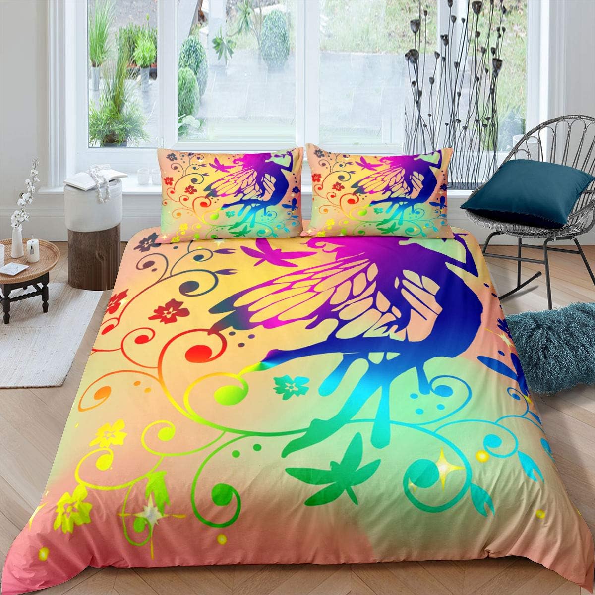 Girls Butterfly Duvet Cover, Dragonfly Insect Comforter Cover For Kids Boys Teens, Girly Flower Spiral Bedding Set, Sweet Bling Colour Quilt Cover With 1 Pillow Case, Single Size