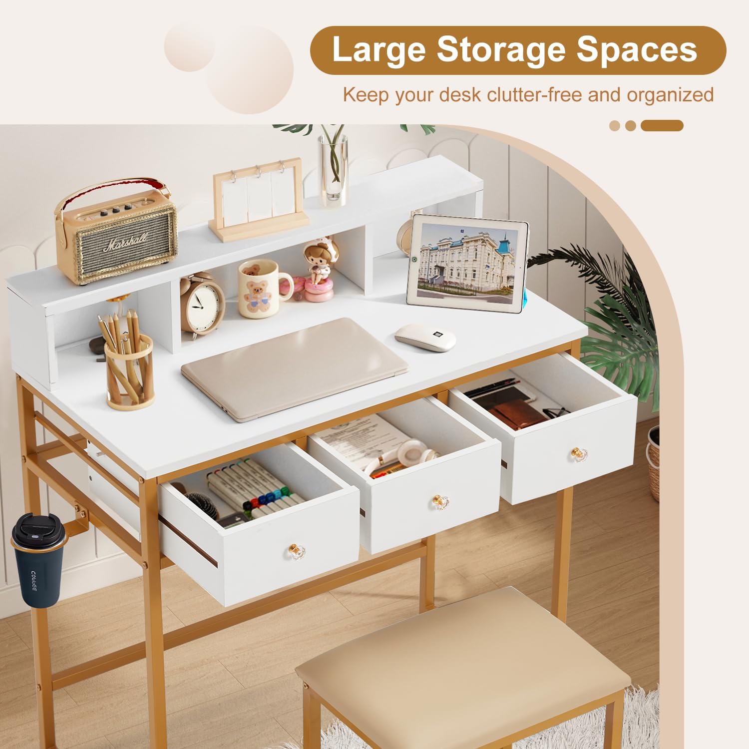 32" Small PC Desk with PU Leather Stool, Vanity Dressing Table with 3 Open Shelves and Drawers, Work Writing Desks for Corner Bedroom Home Office, White/Gold