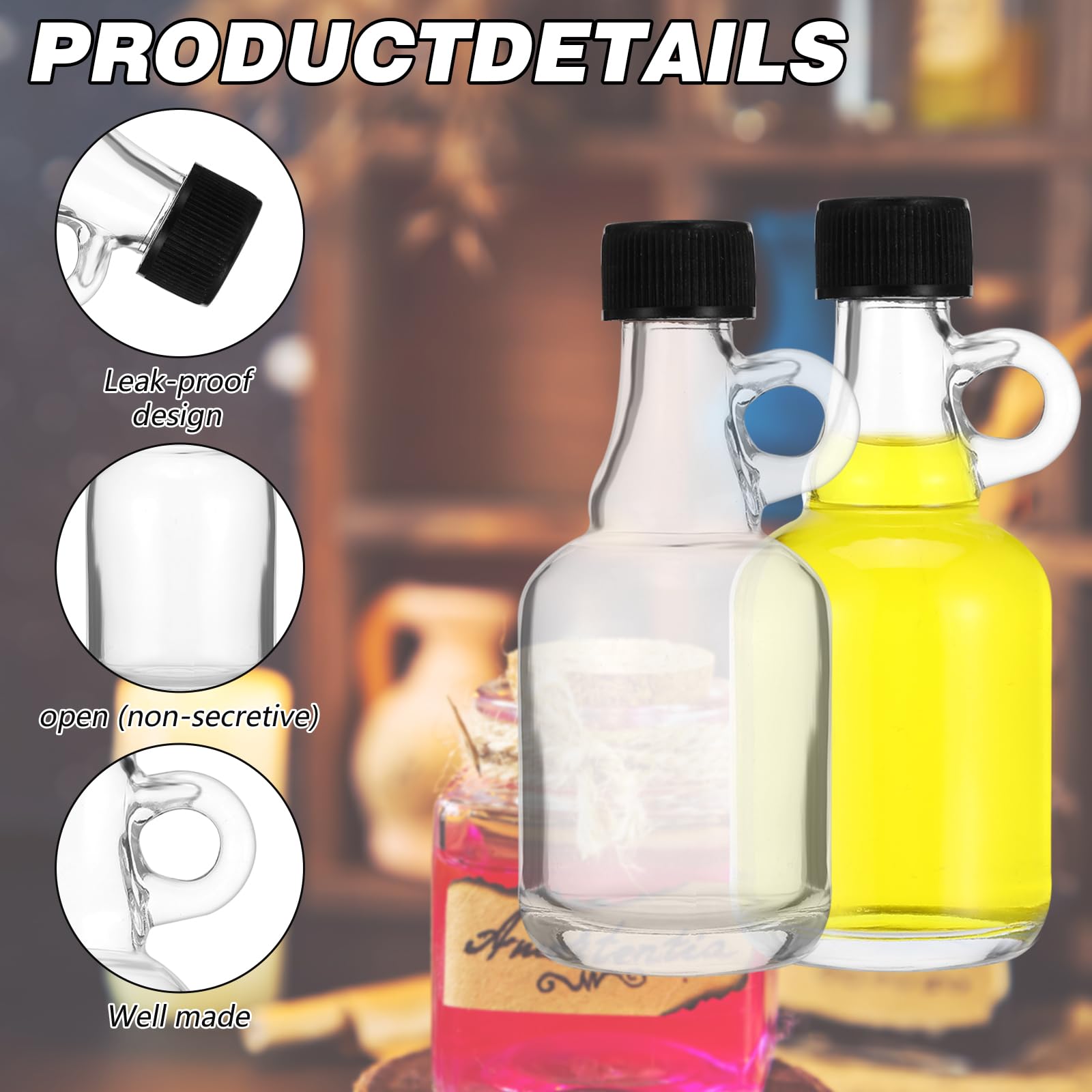 Lot de 30 bouteilles de sirop en verre avec poignée à boucle - 50 ml - Couvercles en plastique - Autocollants pour sirop d'érable