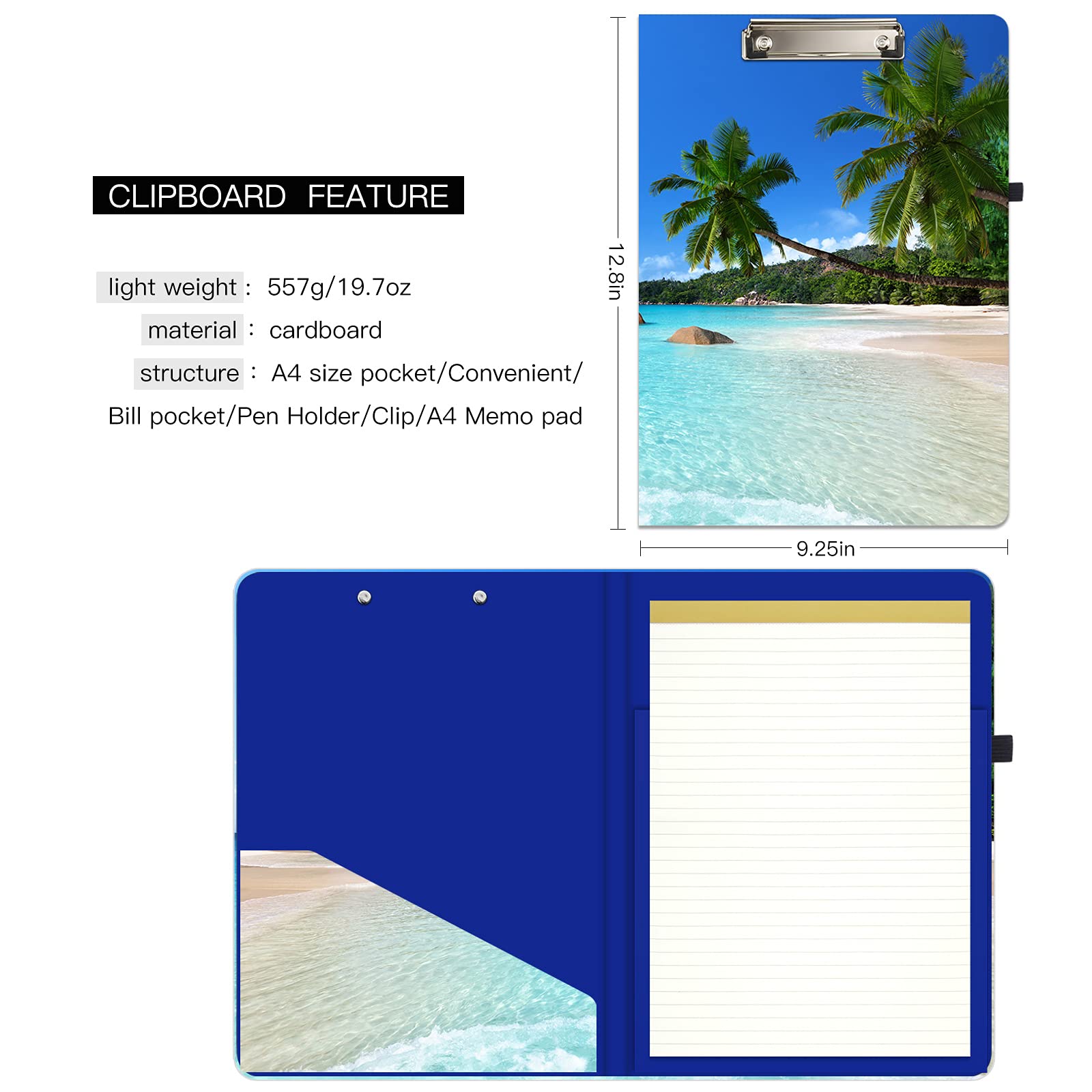 Porte-bloc Avec Pince A4 - Motif Cocotier - Avec Bloc-notes Rechargeable Et Poche Intérieure - Pour Bureau Ou études