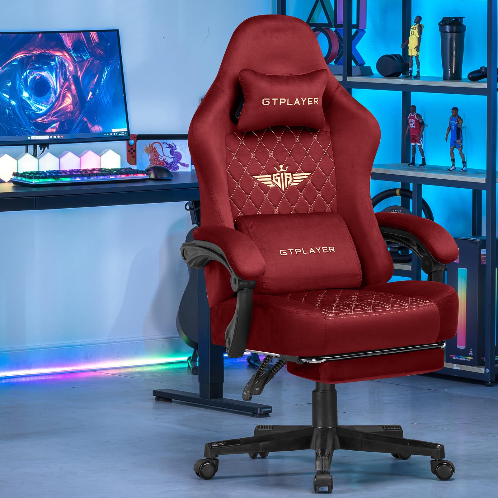 GTPLAYER Sedia da gaming, in tessuto, ergonomica, per ufficio, in PC, portata 150 kg, regolabile e girevole, con cuscino a molla e poggiapiedi, rosso