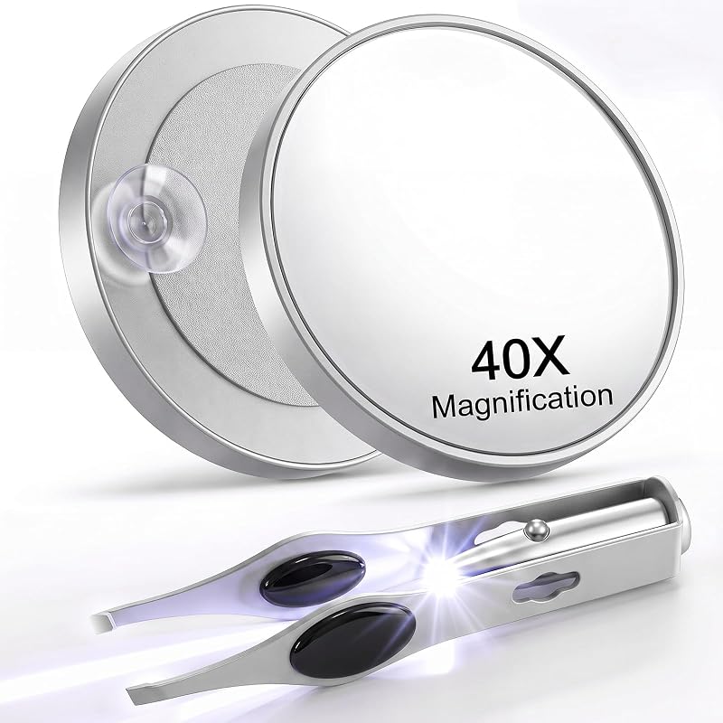 Ceoighe Conjunto com Pinça com LED e Espelho de Aumento 40X com Ventosa, Prata