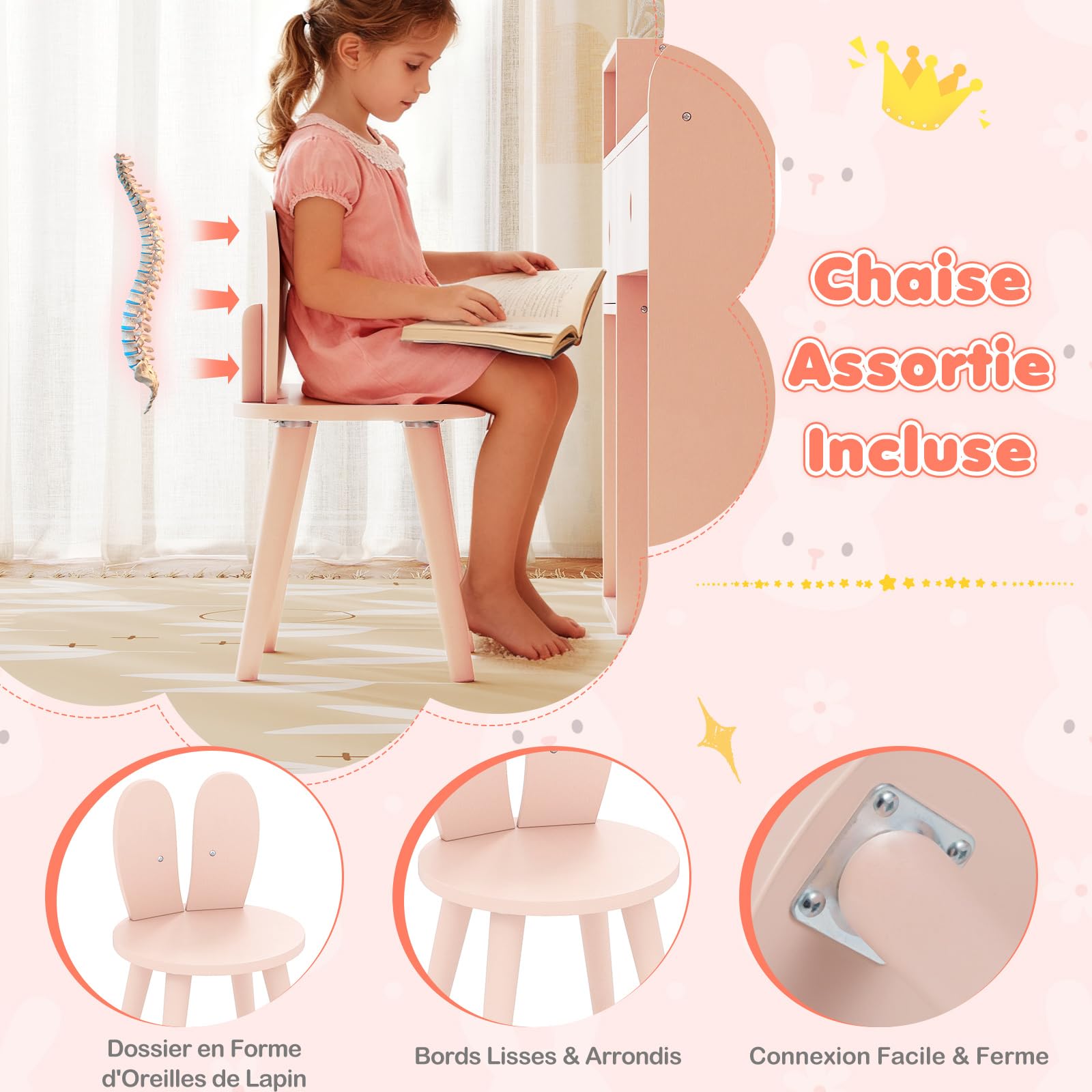 COSTWAY Coiffeuse Enfant Fille avec Chaise et Miroir Lumineux, Bureau Enfant en Forme de Lapin avec Étagères Ouvertes et Tiroirs de Rangement, pour Chambre d'enfant, Salle de Jeux, 3+ Ans (Rose)