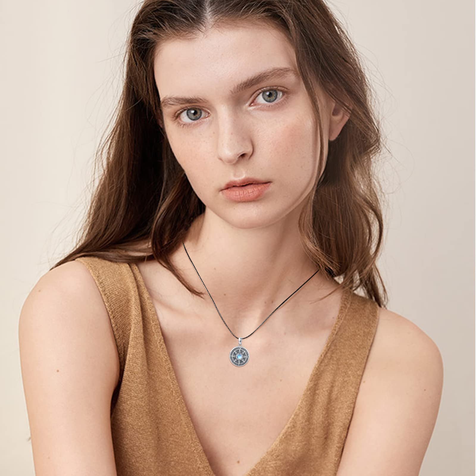 REDSUN Kompass Medaillon Halskette 925 Sterling Silber Mondstein Kette Keltisches Knoten Foto Medaillon Amulett Medallion mit Foto Kompass Schmuck für Herren Sohn Jungen Damen Geschenke