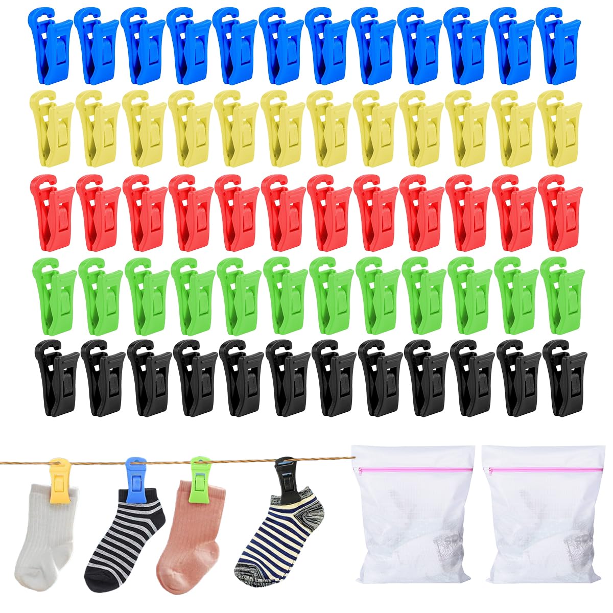 Garegce 60 Pieces Sock Clips and 2 Pieces Laundry Bag, Sock Peg Hanger for Washing line, Colorful Mini laundry clips for Storing Paired Socks, Colour Mixing