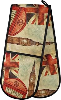 Long Double Oven Mitt for Baking London Red Telephone Booth Big Ben Union Jack Heat Resistant Quilted Double Oven Glove Potholder for Cooking Grilling Christmas, Washable