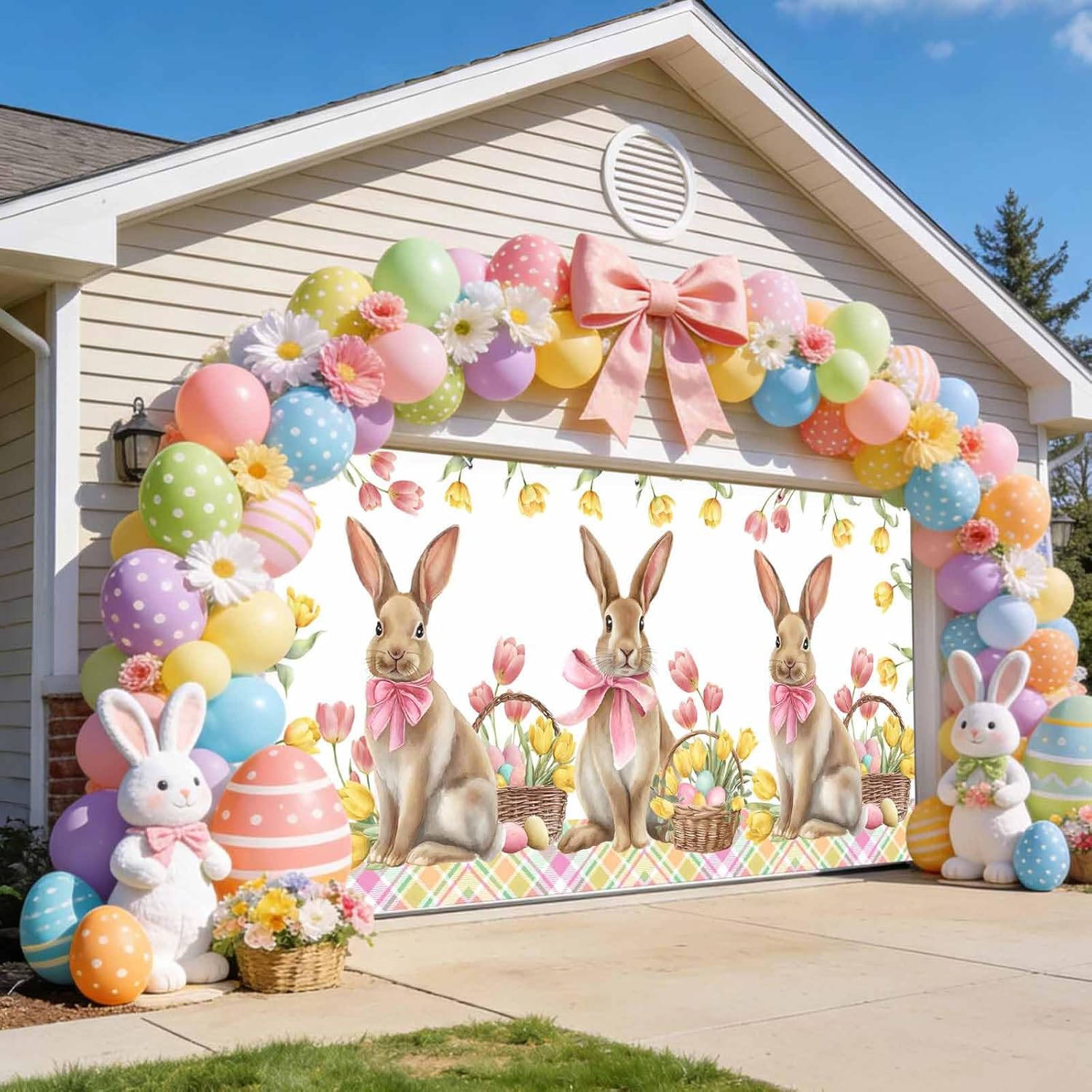 Garage Door Banner Easter Brown Bunny Farmhouse Garage Door Decorations 6x13ft, Pastoral Tulips Retro Plaid Hanging Backdrop Wall Decoration for Outdoor Party Holiday Birthday Yard