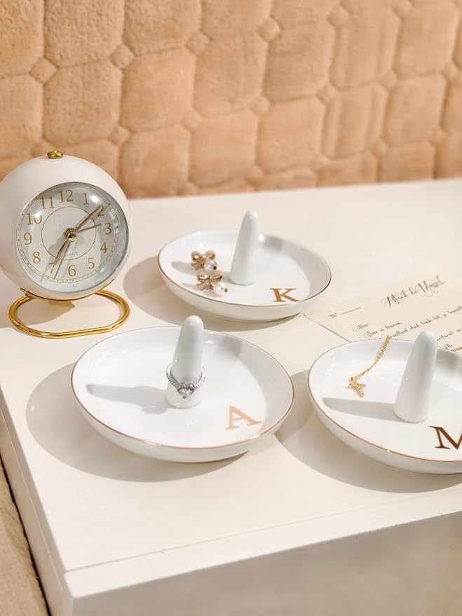 Ceramic Initials Jewelry Tray Ring Dish With Personalized T-Monogrammed Engagement Wedding Gifts, for Birthday Mother's Day for Women, Ceramic White 4.7" x2.4"