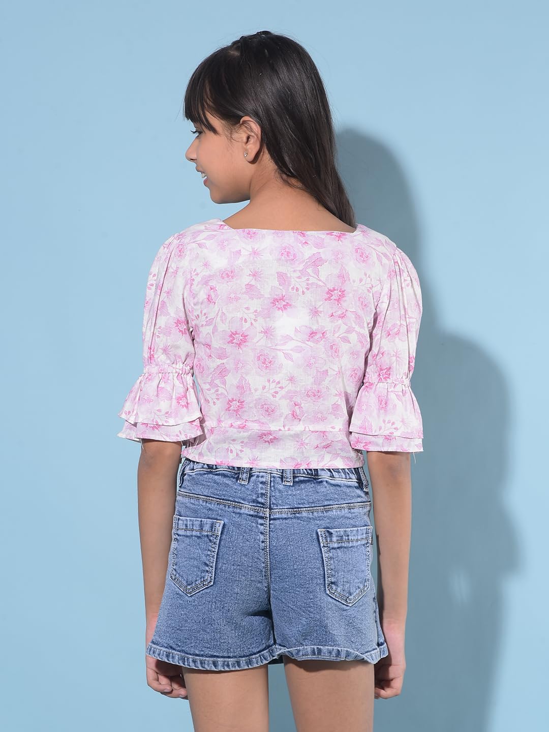 Crimsoune Club Girl's Pink Floral Print Crop Length Linen Top (9-10Y) 3