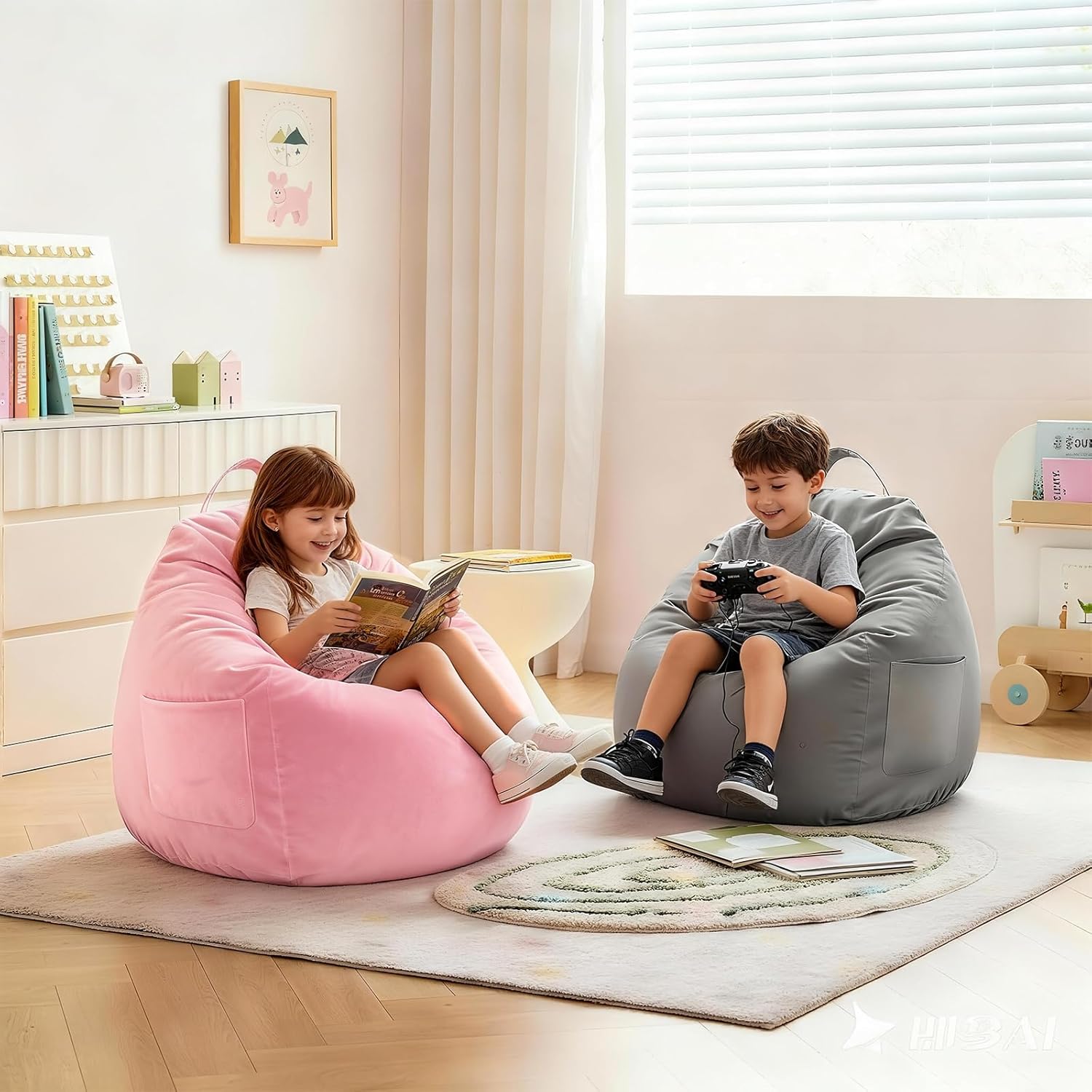 Bean Bag Chair Bed for Kids, Convertible Beanbag Chair to Bean Bag Bed with Top Handle & Machine Washable Soft Corduroy Fabric, Stuffed Floor Sofa Couch Sofa Bed for Boys and Girls, Pink